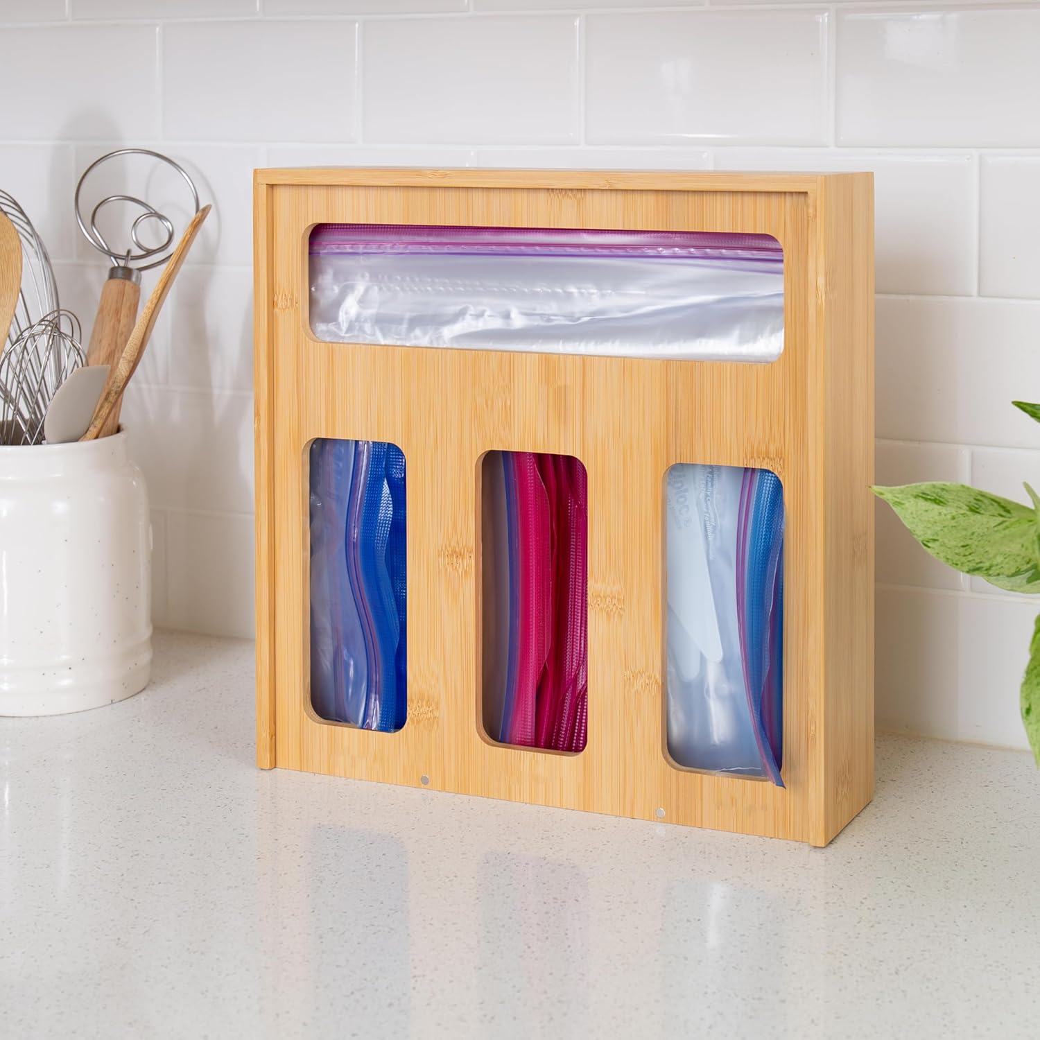 Honey Can Do – Organizador de bolsas de plástico de bambú para cajón de cocina  galón, cuarto de galón, sándwich, snack KCH-09859 Natural
