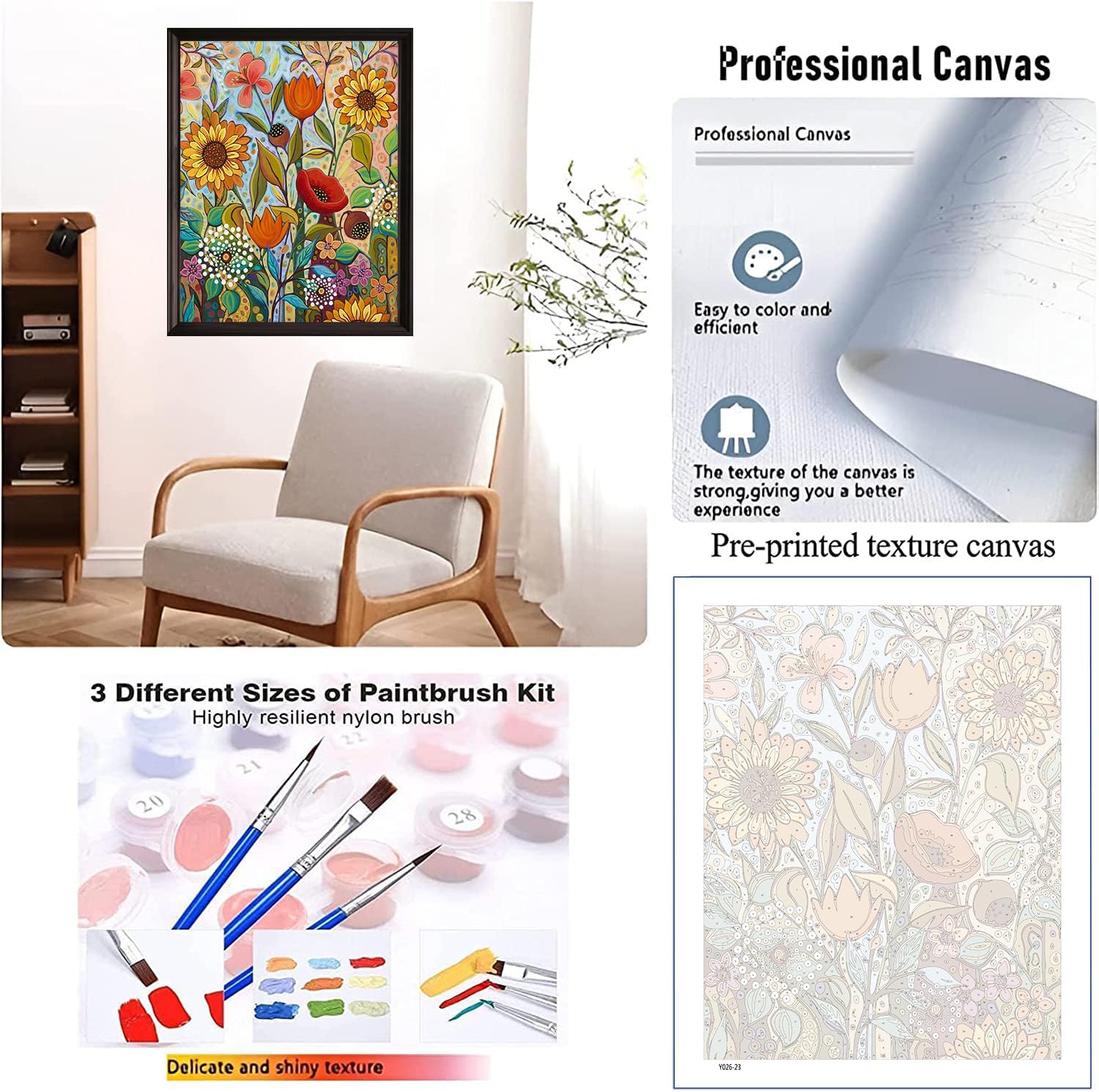 hkejoi Kit de pintura por números para adultos, lienzo para adultos, kit de pintura por números, flores acrílicas por números para adultos para