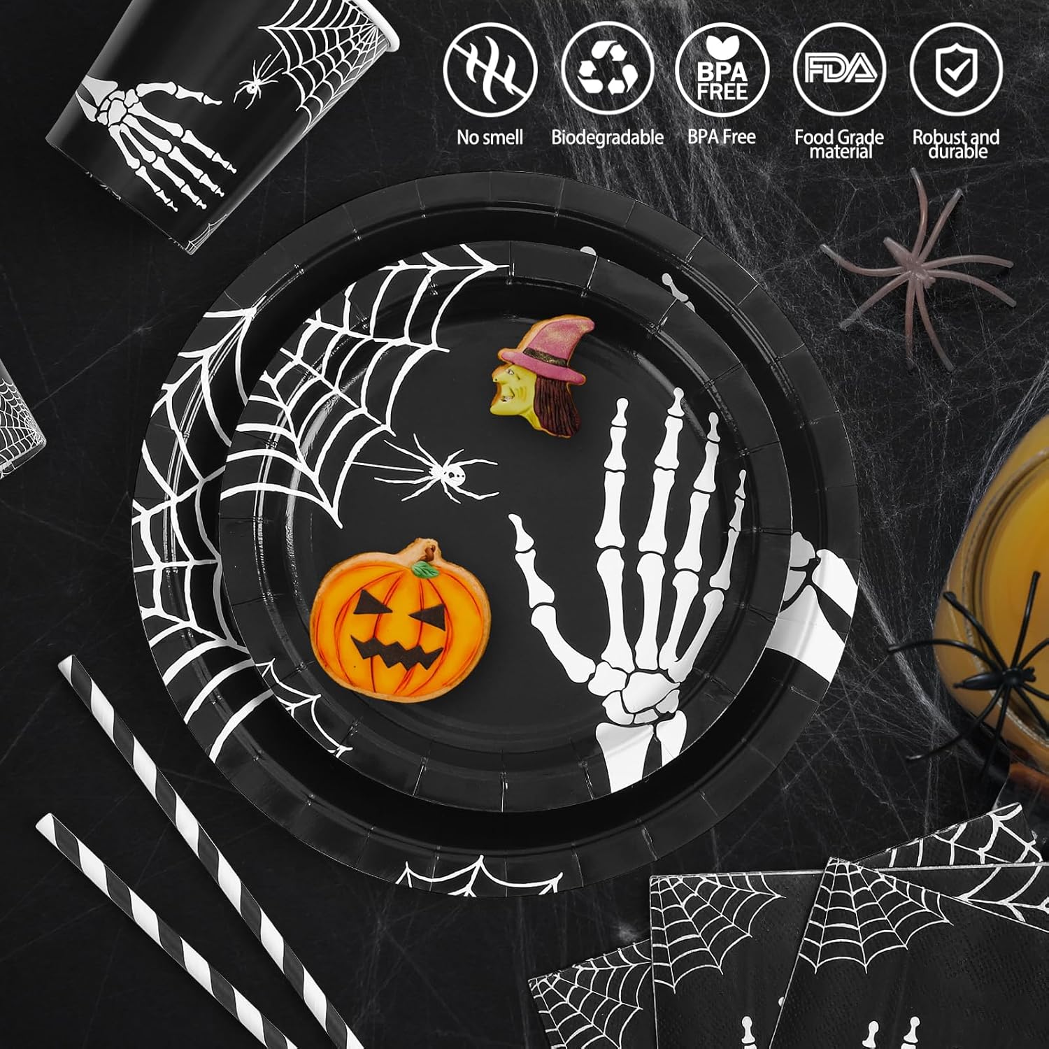 Suministros para fiesta de Halloween, decoraciones de fiesta de Halloween, el juego de vajilla de Halloween incluye platos llanos, platos de postre,