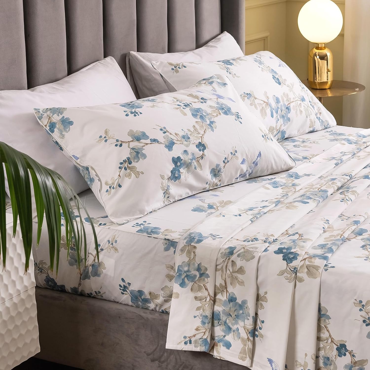 QSH Juego de 2 fundas de almohada 100 % de algodón egipcio con estampado de flores de pájaros azules para cama Queen, fundas de almohada con cierre
