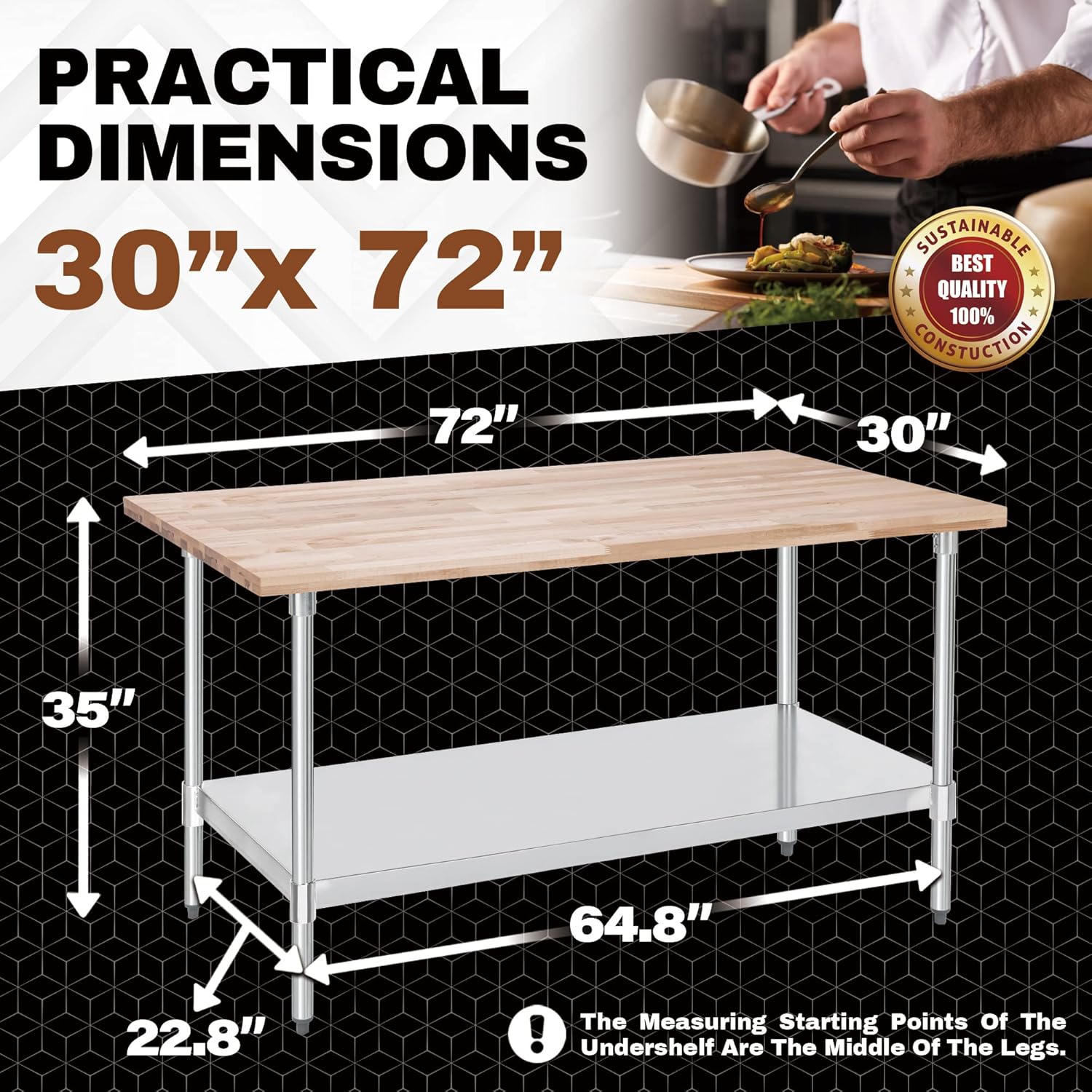 DuraSteel Mesa de trabajo de madera con parte superior de arce de EE. UU., 30 x 72 x 35 pulgadas, banco de trabajo de madera con estante inferior