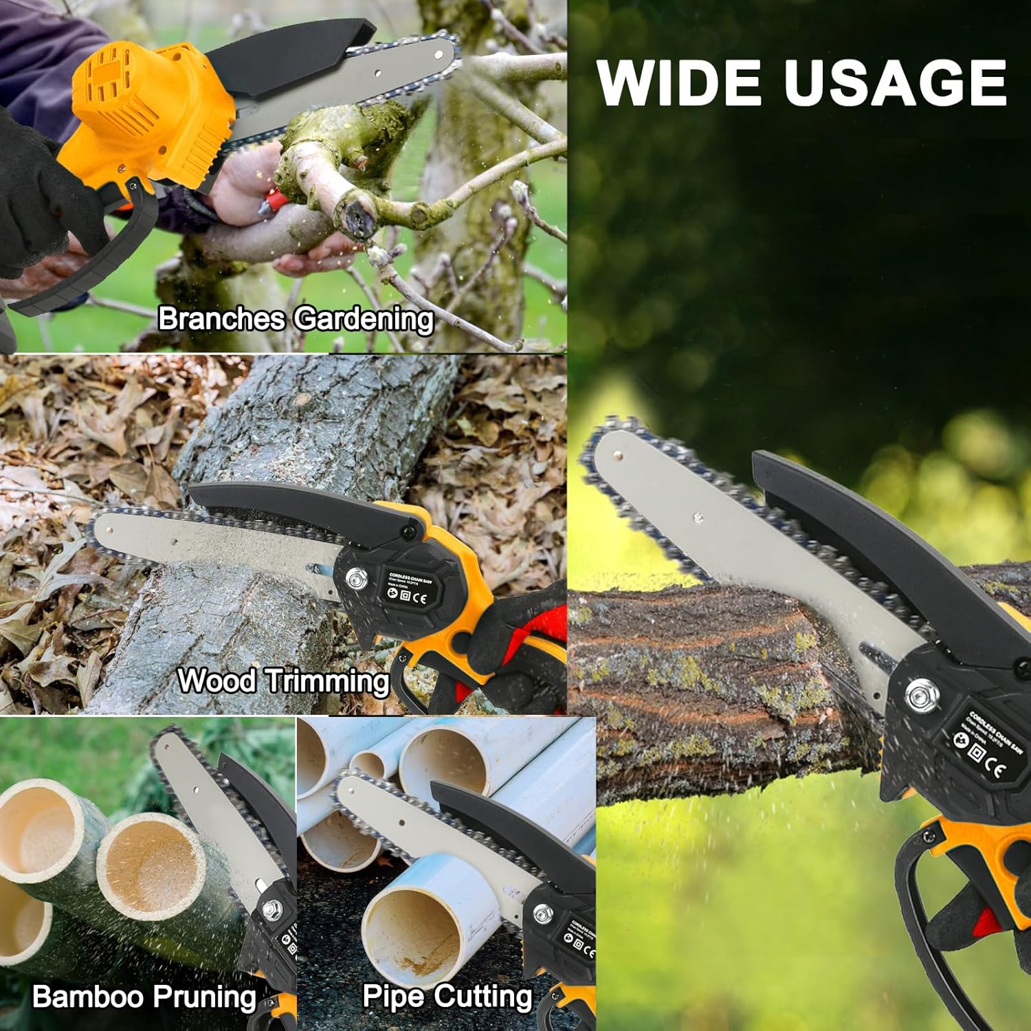 CKEVE Mini motosierra eléctrica inalámbrica de 6 pulgadas, funciona con pilas con bloqueo de seguridad para recortar árboles de jardín, motor de 250