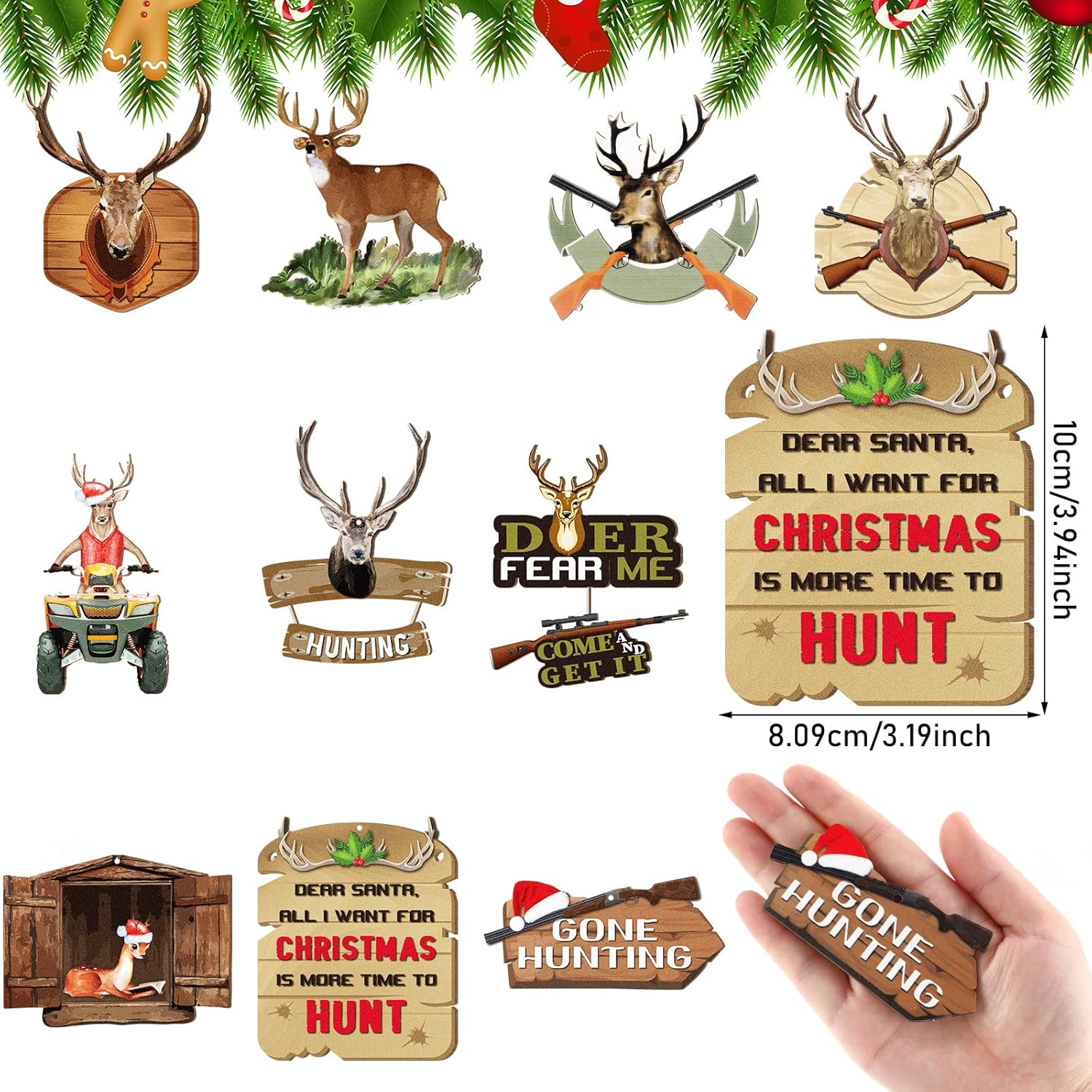 30 piezas de adornos de árbol de Navidad de madera para caza de ciervos, adornos colgantes decorativos de ciervos con pistola, adorno de Navidad,