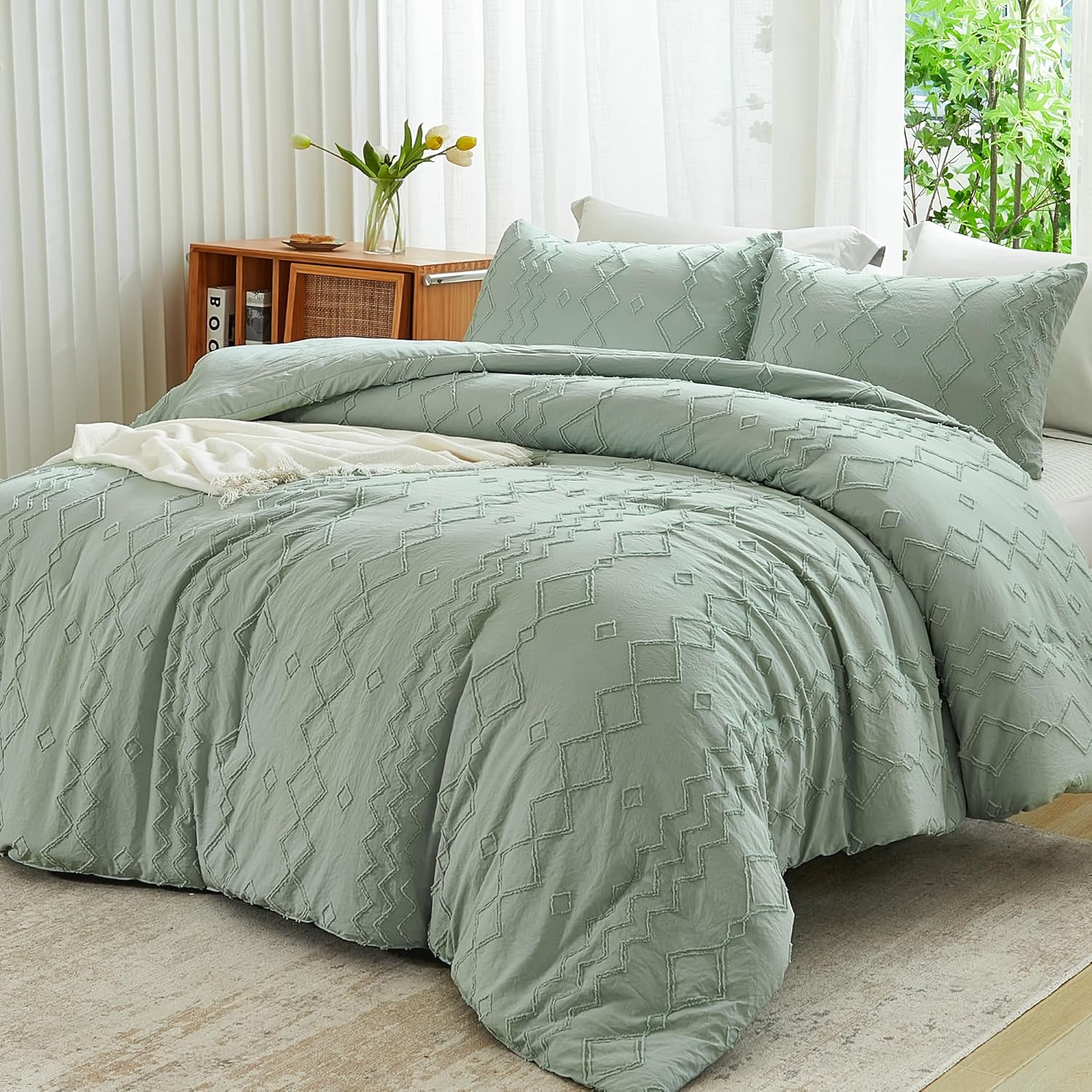 Andency Juego de edredón verde copetudo, tamaño matrimonial (79 x 90 pulgadas), 3 piezas (1 edredón acolchado y 2 fundas de almohada), edredón