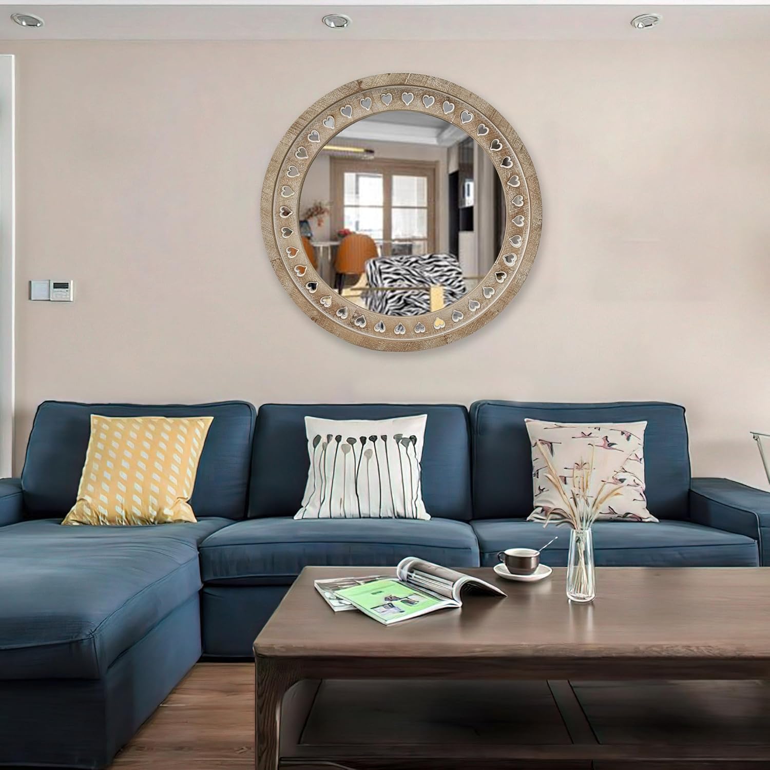 Parisloft Espejo redondo de madera antigua de 31.5 pulgadas con marco de corazón amoroso recortado de madera, espejo circular decorativo de granja