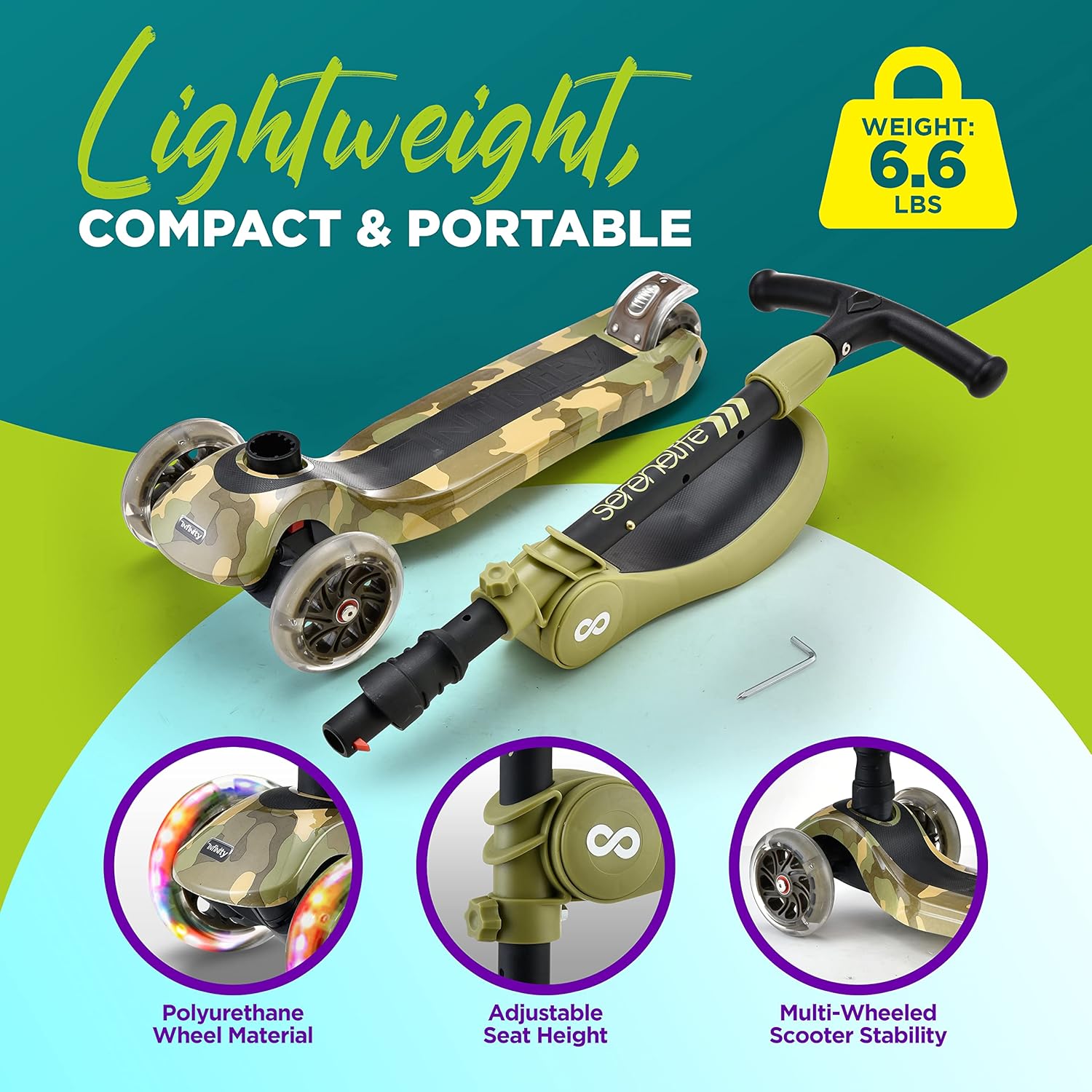 Patinete de 3 ruedas para niños  2 en 1 para sentarse o estar de pie para niños pequeños de juguete con asiento abatible, altura ajustable, cubierta