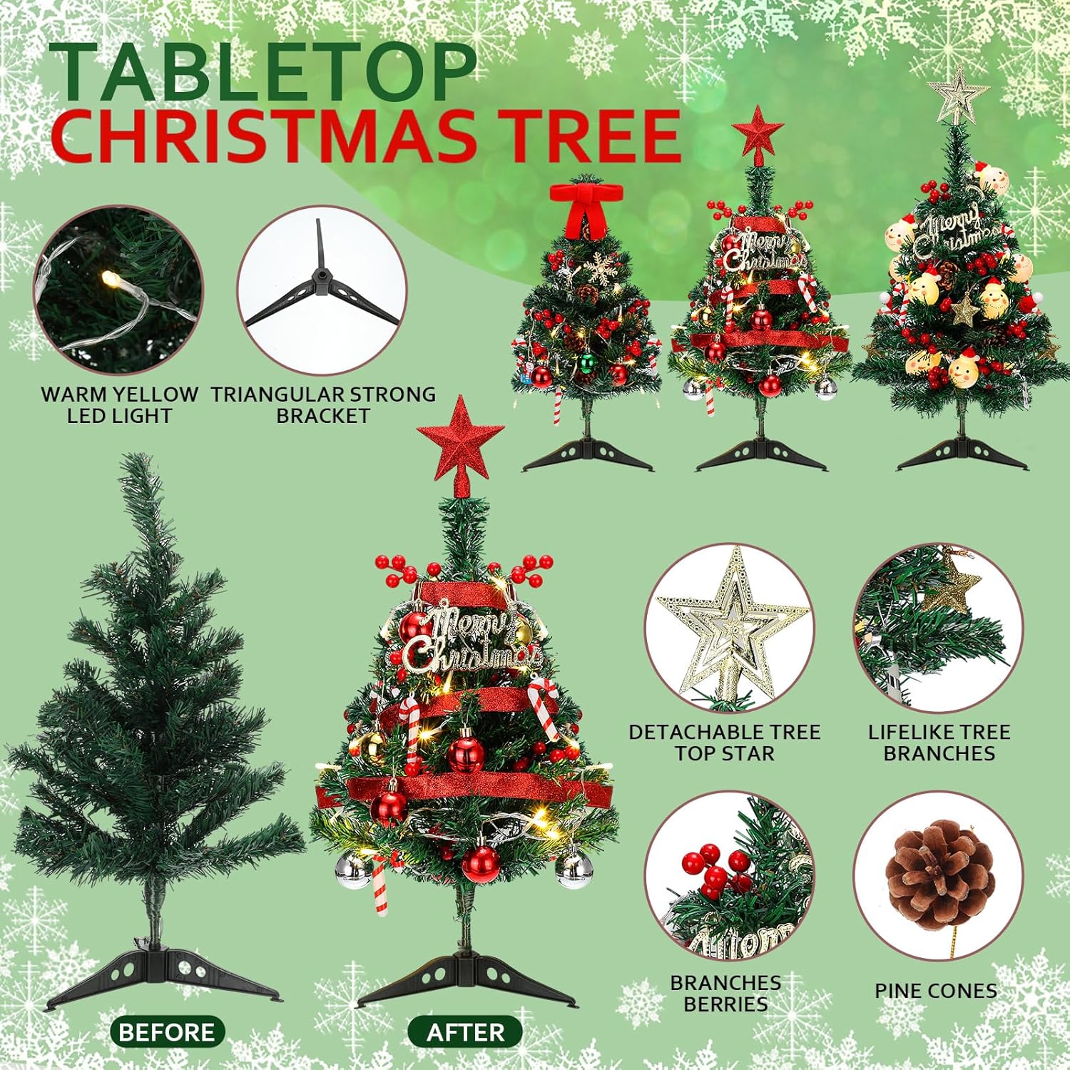 3 piezas de mini árbol de Navidad artificial de escritorio con luces LED y adornos de 182022 pulgadas, árbol de Navidad de mesa para decoración de