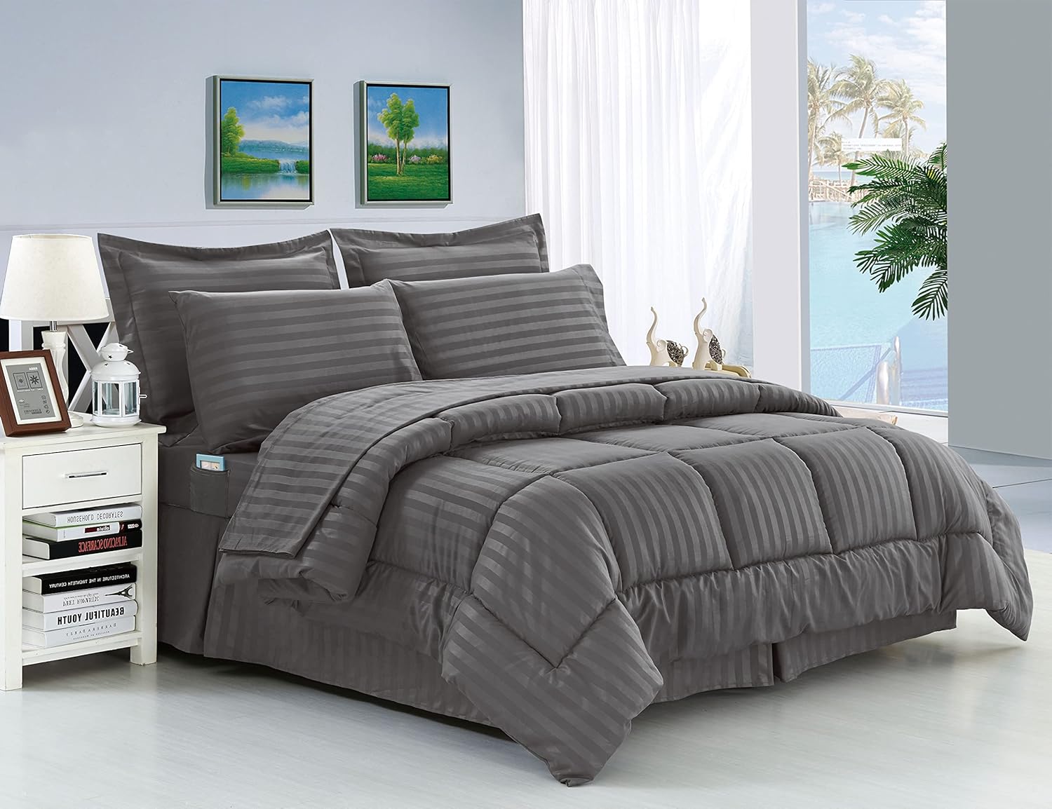 Set de colchas Elegant Comfort de 8 piezas de seda suave a rayas dobby resistentes a las arrugas (el paquete incluye set de 4 sábanas, 1 colcha, 1