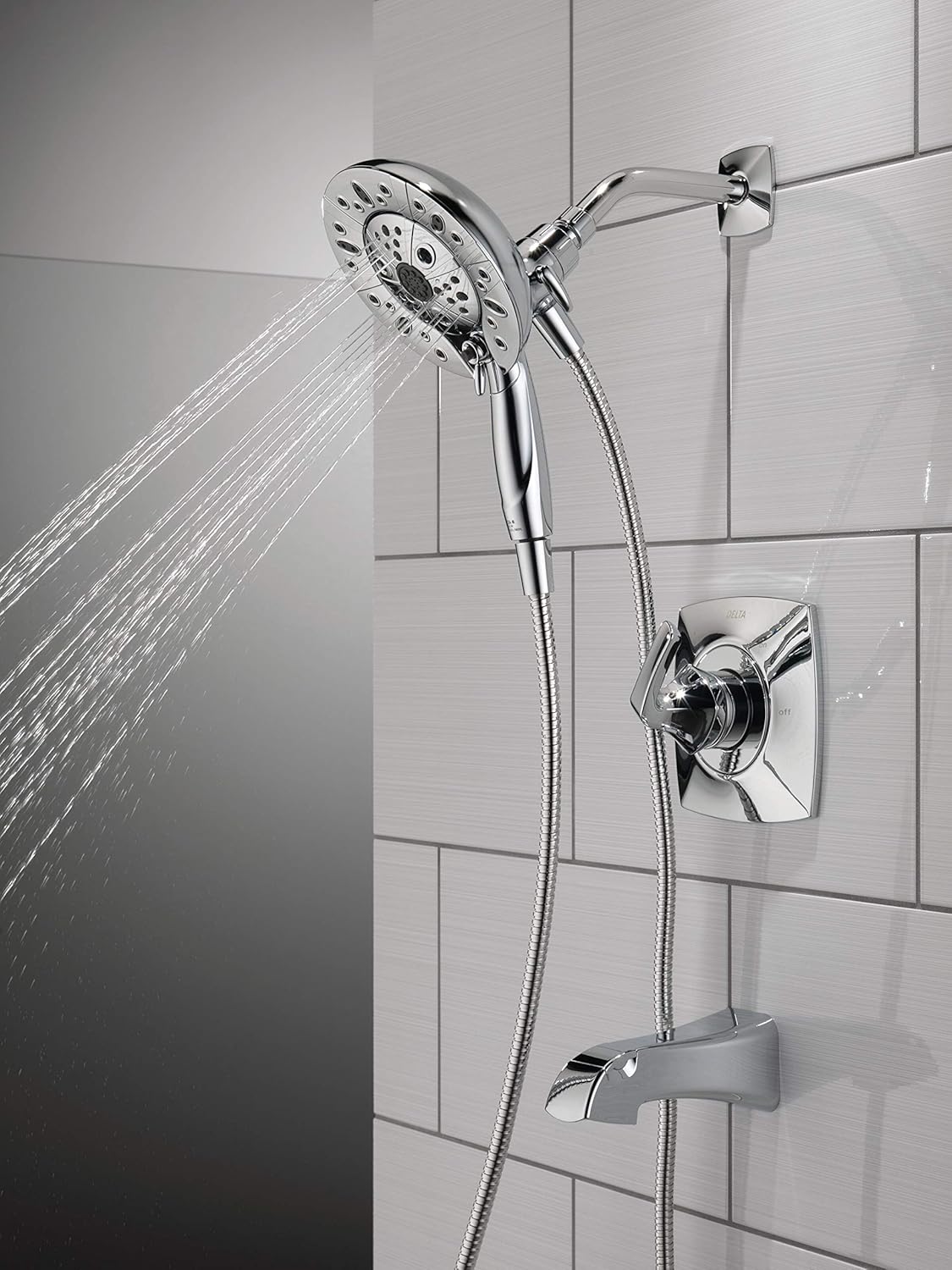 Delta Faucet Vesna 144789-I – Kit de molduras de ducha de un solo mango con cabezal de ducha de mano doble H2Okinetic In2ition de 5 pulverizaciones