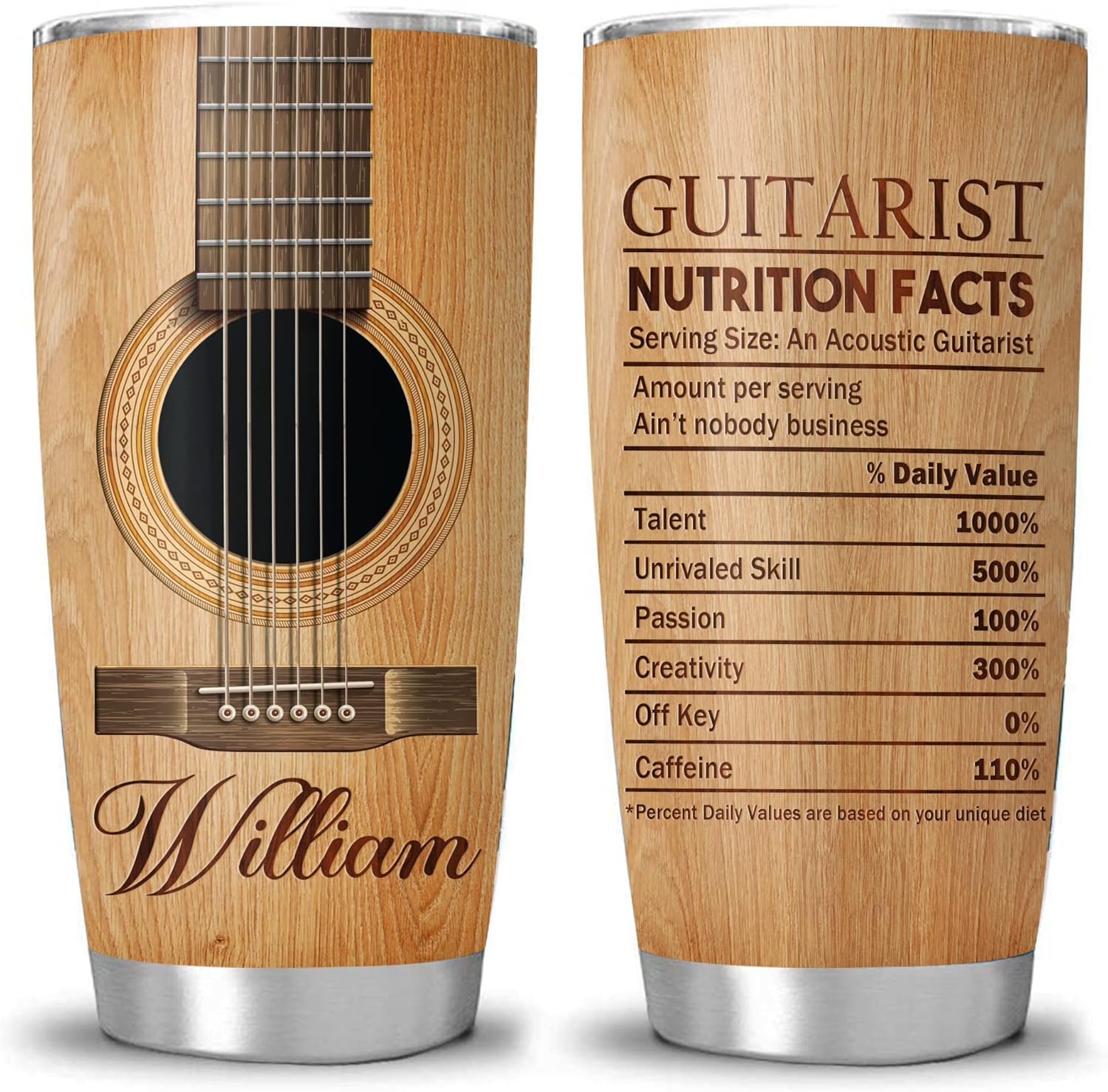Vaso de guitarra personalizado con información nutricional para guitarristas, regalos personalizados, regalos para guitarristas, hombres, niñas,