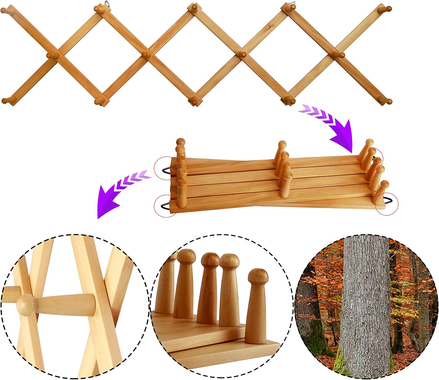 WEBI Perchero de pared de acordeón para pared, perchero expandible de madera, estante de pared de acordeón para sombreros, gorras, tazas de café, 14
