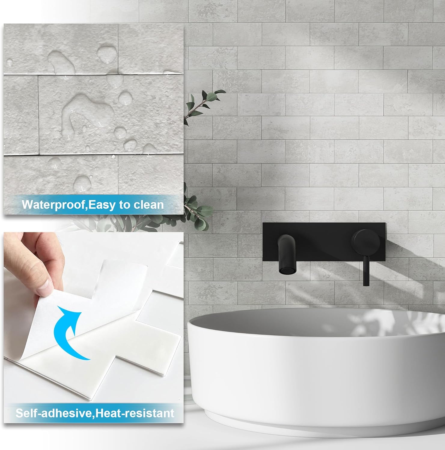 BeNice Azulejos de ducha para despegar y pegar para cocina, baño, azulejos de ducha impermeables (5 hojas, gris)