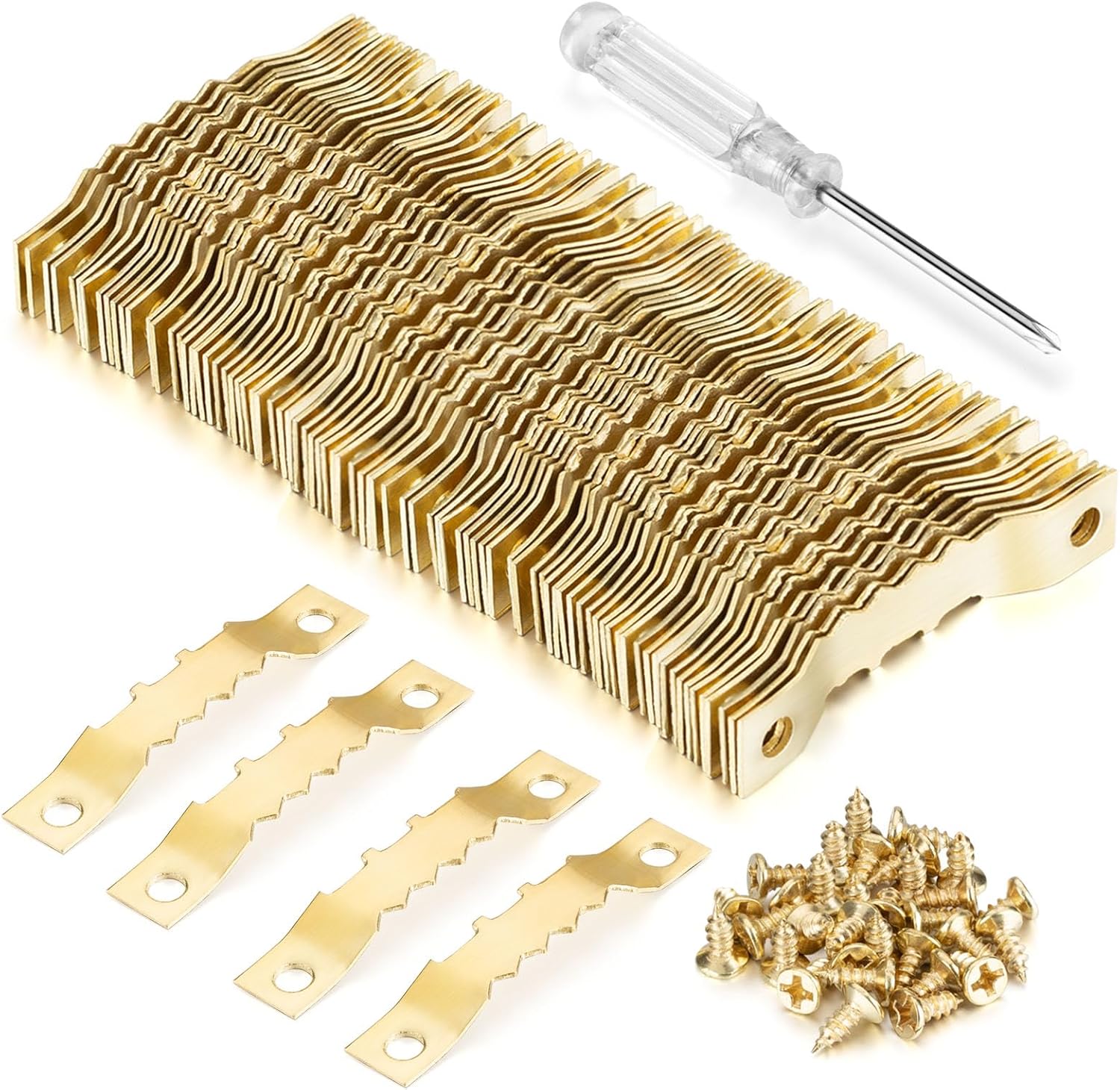 YHYZ Perchas de dientes de sierra a granel (mediano), 100 ganchos dorados de dientes de sierra con 200 tornillos + destornillador, para marcos de