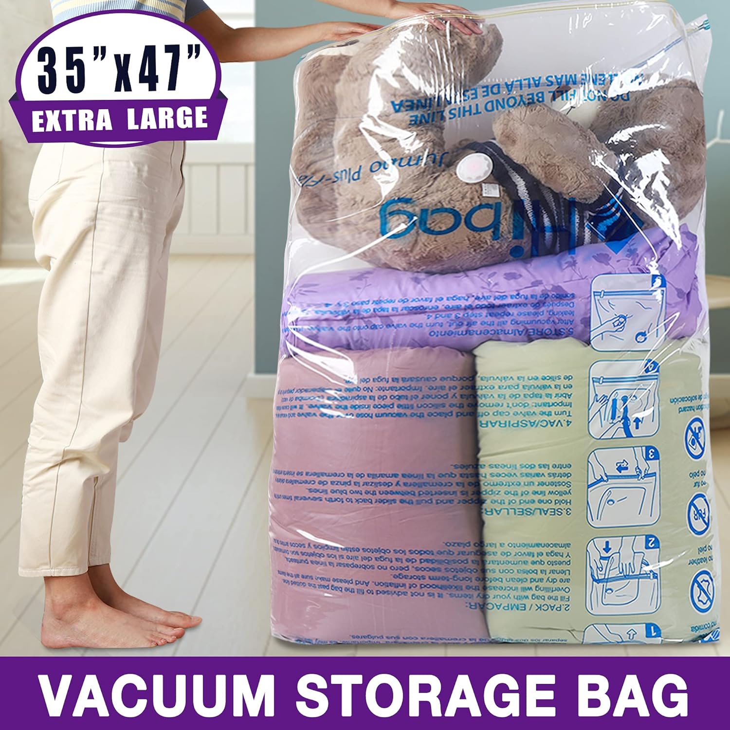 Bolsas de almacenamiento al vacío XXL Jumbo de 47 x 35 pulgadas, ahorro de espacio extra grandes para manta, ropa de cama, edredones y enormes