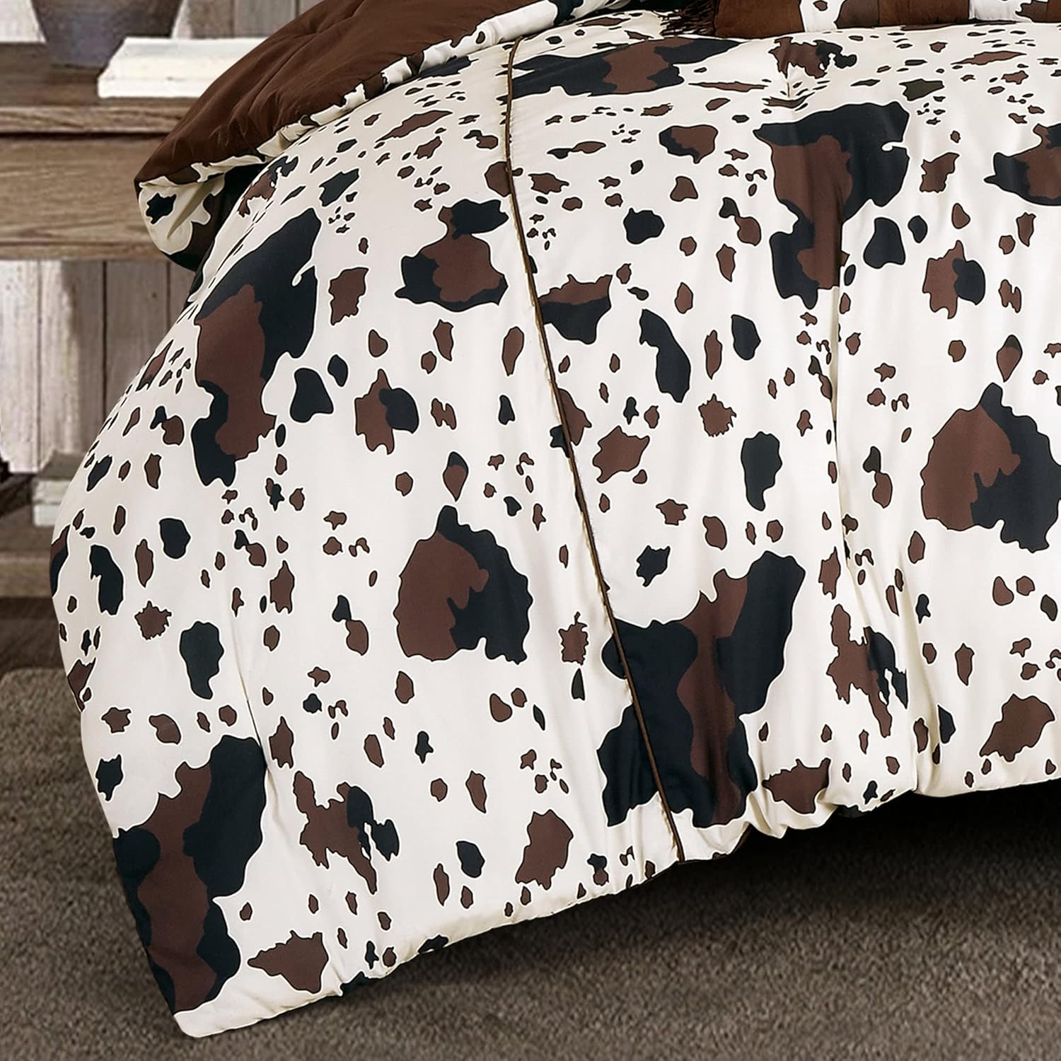 Linen Mart Juego de edredón rústico de 5 piezas de cuero de vaca, negro, blanco, marrón, cuerno de vaca, calavera, casa de campo, estilo occidental