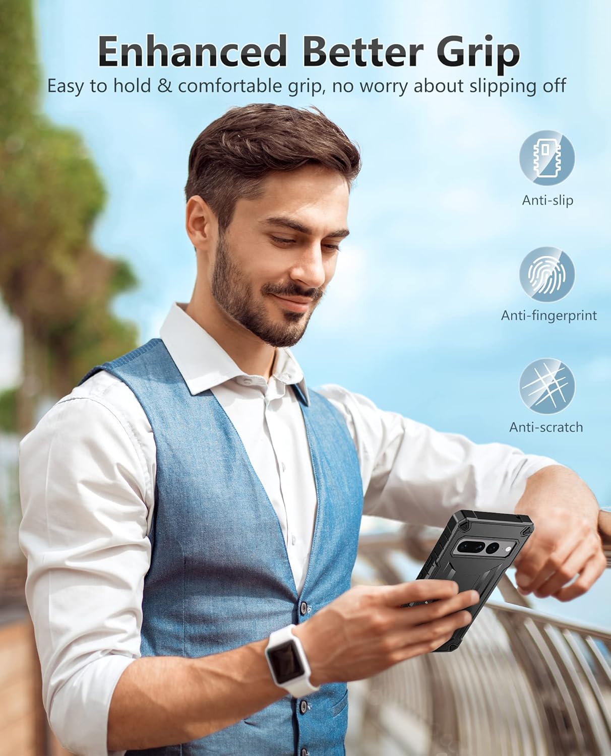 FNTCASE Funda para teléfono Google Pixel 7-Pro protección a prueba de golpes con protector de pantalla integrado y función atril, resistente de