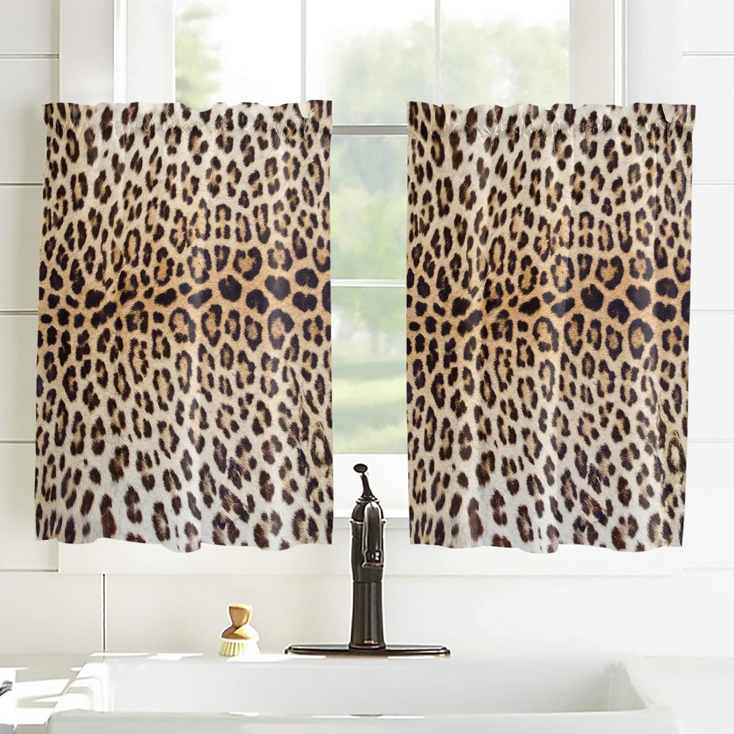 Cortinas con estampado de leopardo para cocina, cenefa de ventana con bolsillo para barra, cortinas cortas filtrantes de luz, 2 paneles con textura