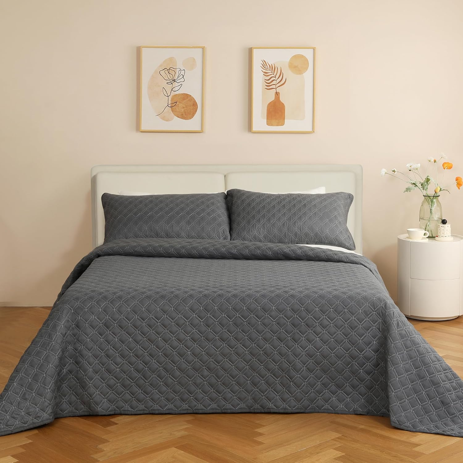 Juego de edredón tamaño King, ropa de cama gris de 3 piezas, lavable a máquina, súper suave, estilo moderno, con 2 fundas de almohada (92 x 106