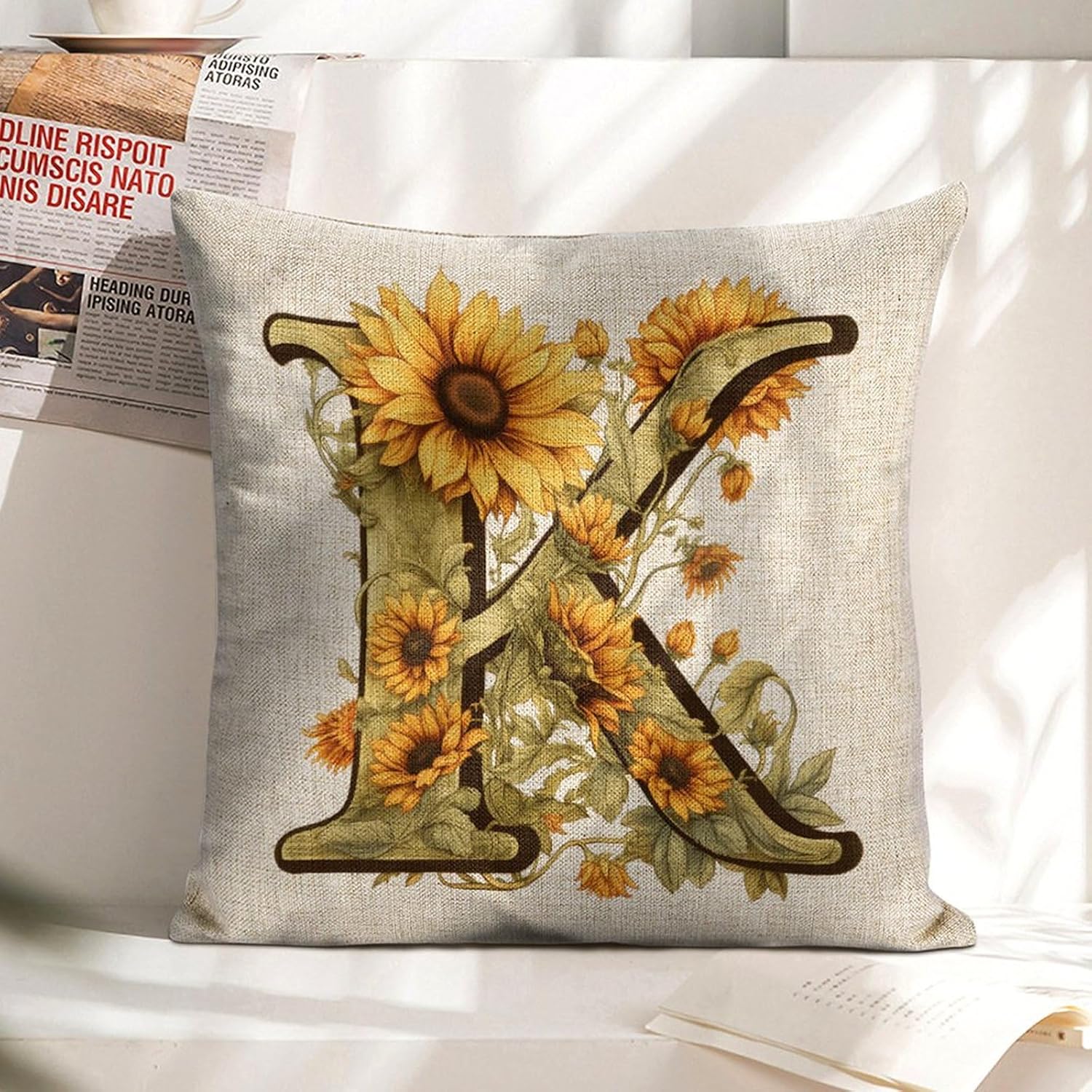 Fundas de almohada con monograma de girasol de verano con letra K, diseño floral con inicial de 18 x 18 pulgadas, para niñas, niños, hogar, granja,