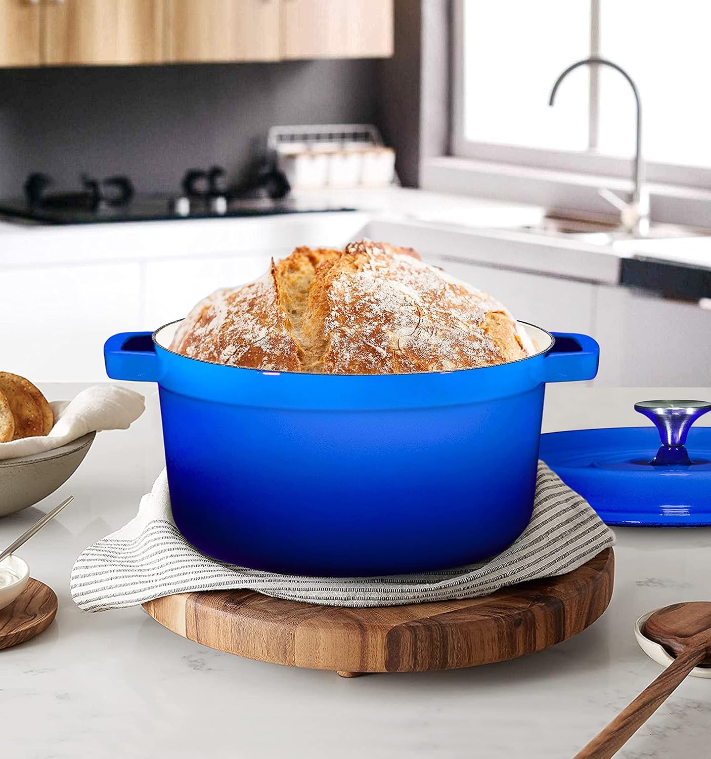 Bruntmor – Horno holandés redondo de hierro fundido esmaltado precurado de 6.5 cuartos de galón, con tapa y asa utensilio de cocina resistente para