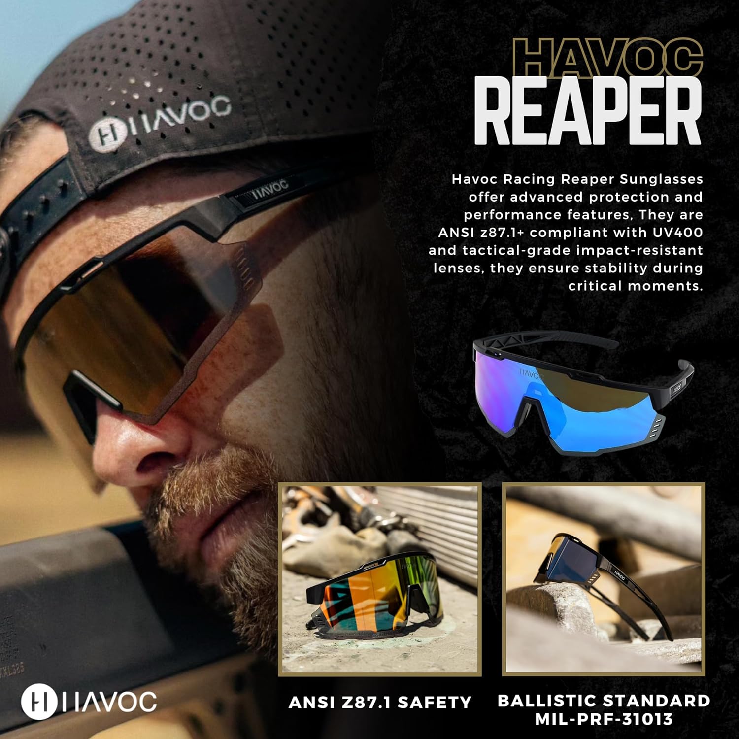 Havoc Racing Reaper – Gafas de sol de seguridad Z87+, protección UV400 de grado táctico, persianas antisudor