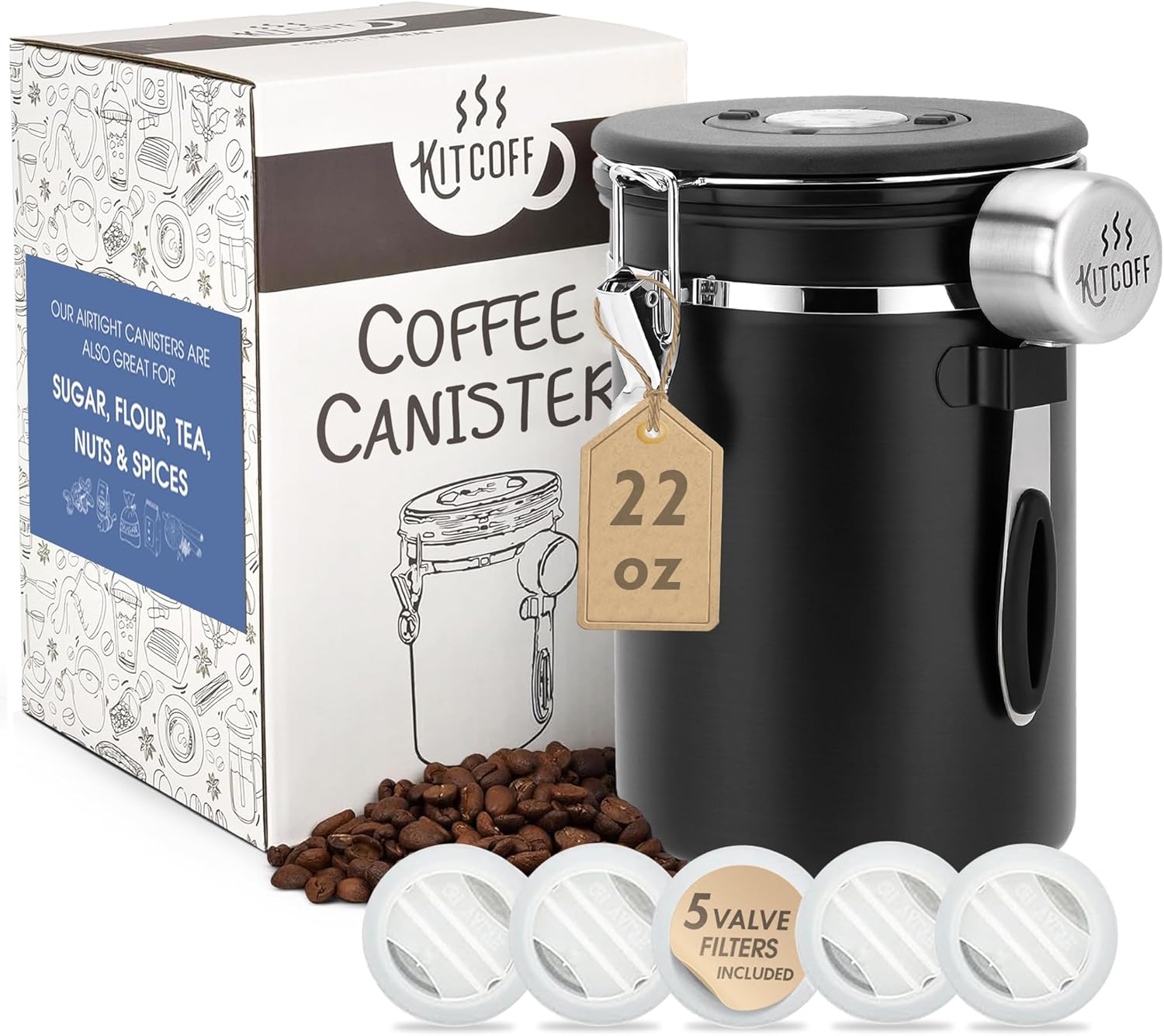 Kitcoff Recipiente de café molido con rastreador de fecha, válvula de liberación de CO2 y cuchara medidora, hecho de acero inoxidable con tapas