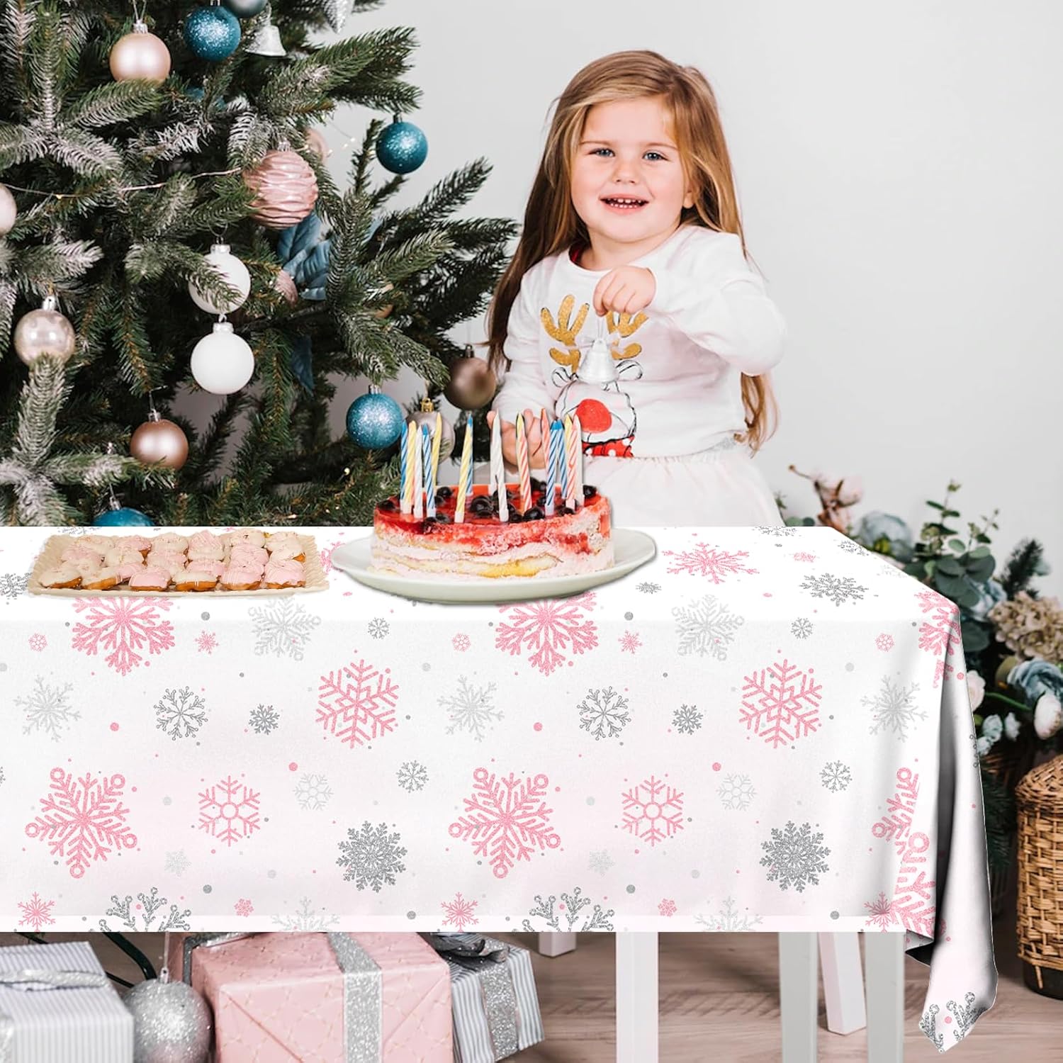 Mantel de invierno con diseño de copo de nieve, 3 piezas, decoración de fiesta de invierno, copos de nieve, rosa, blanco, temático de país de las