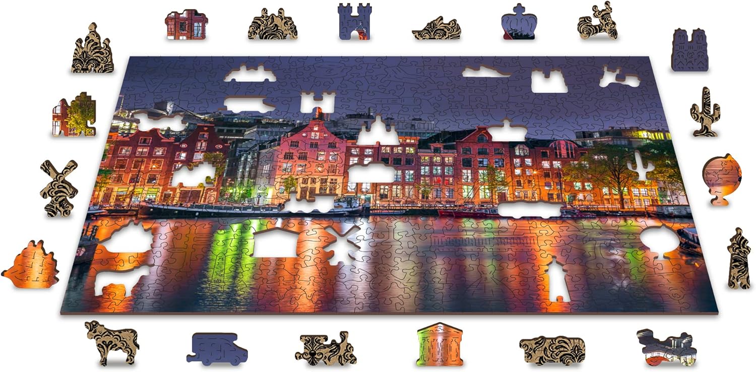 WOODEN.CITY 500 + 5 piezas – Amsterdam By Night – Rompecabezas de madera – Juego de rompecabezas de paisaje escénico con piezas de formas inusuales