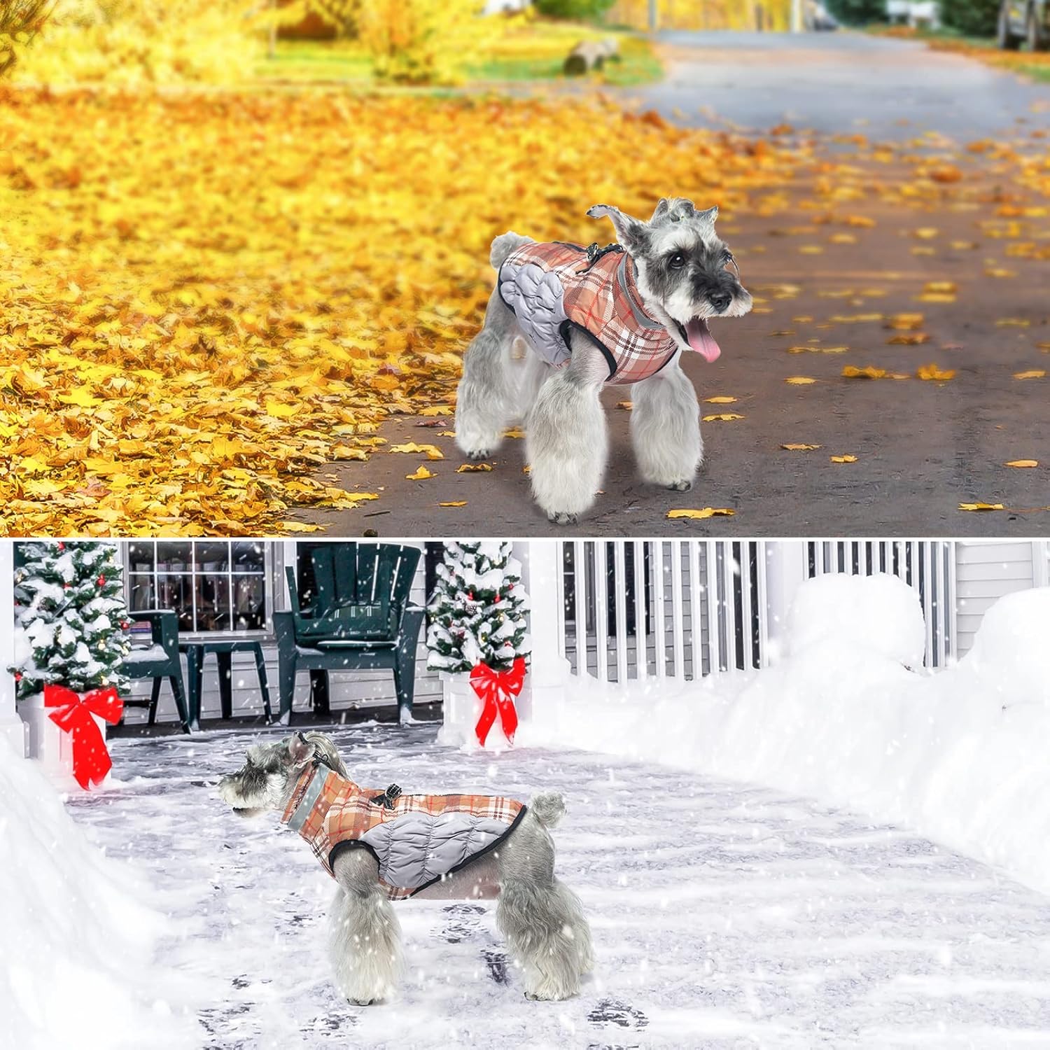 BEAUTYZOO Abrigo de invierno a cuadros para perro, chaqueta reflectante mejorada para perro, forro polar acolchado con arnés integrado, ropa