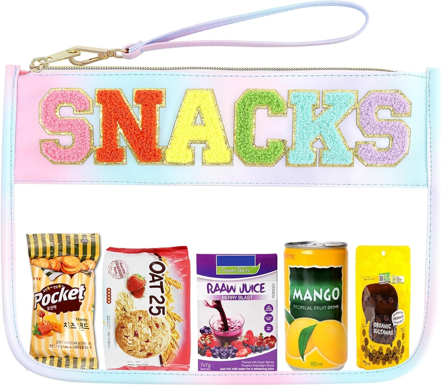 Bolsa transparente de chenilla para aperitivos, bolsa de viaje preppy para aperitivos, impermeable, plana, transparente, con cremallera, para