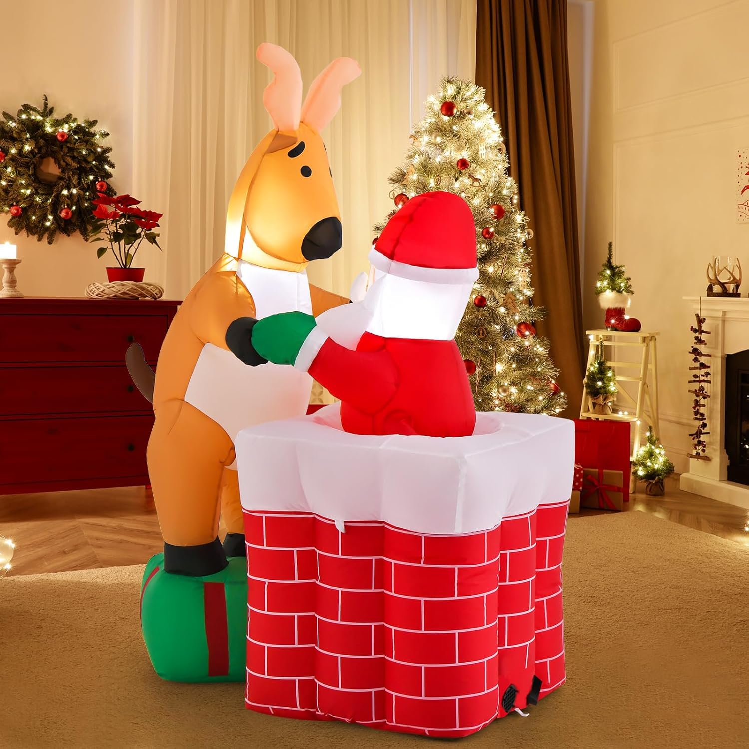 Tangkula Chimenea inflable de Navidad de 5 pies con reno de pie en una caja de regalo, decoración de Navidad inflable con luces LED integradas para