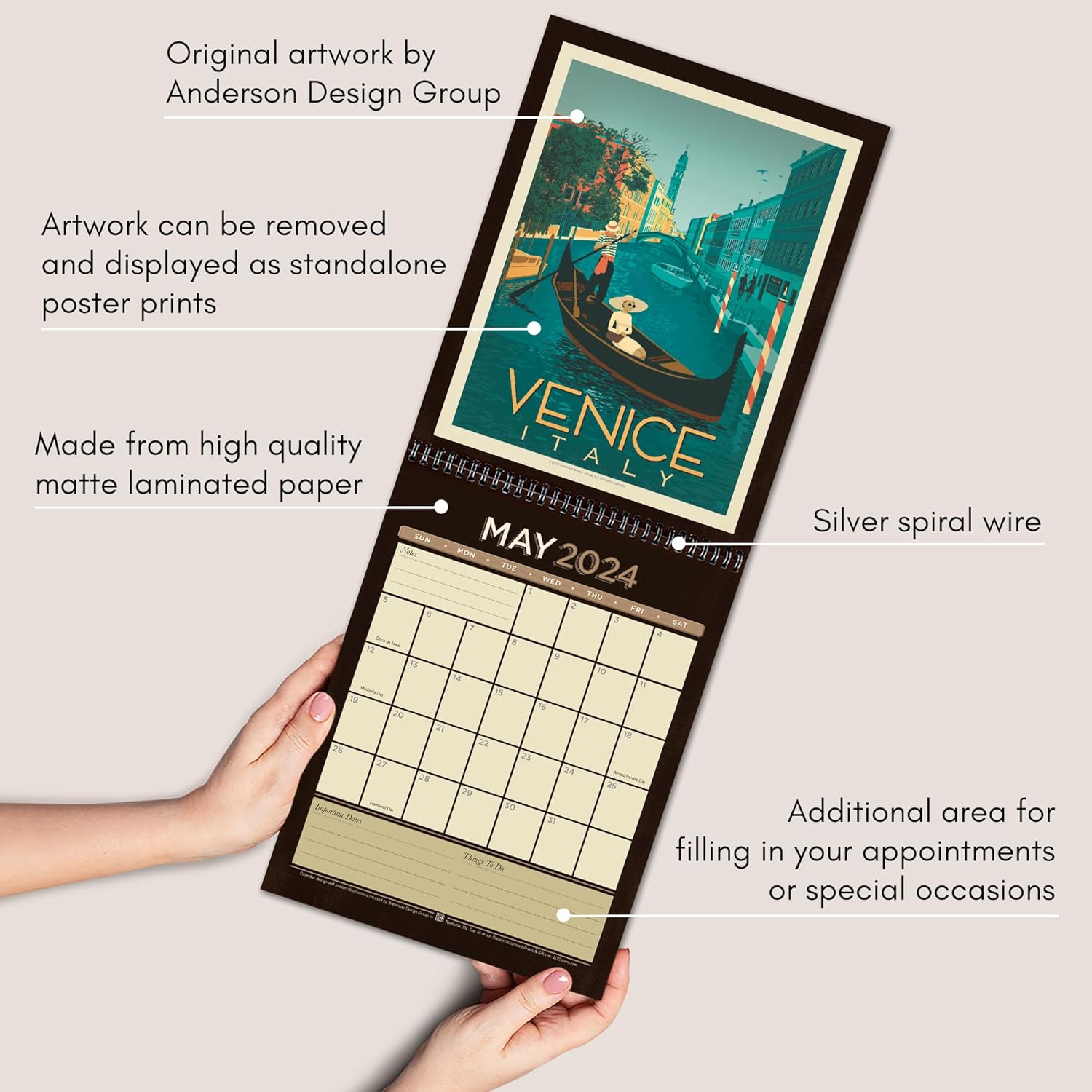 Americanflat Calendario 2024  Diseño de destinos de viaje mundial  Calendario de pared grande con formato mensual  Calendario mensual colgante  10 x