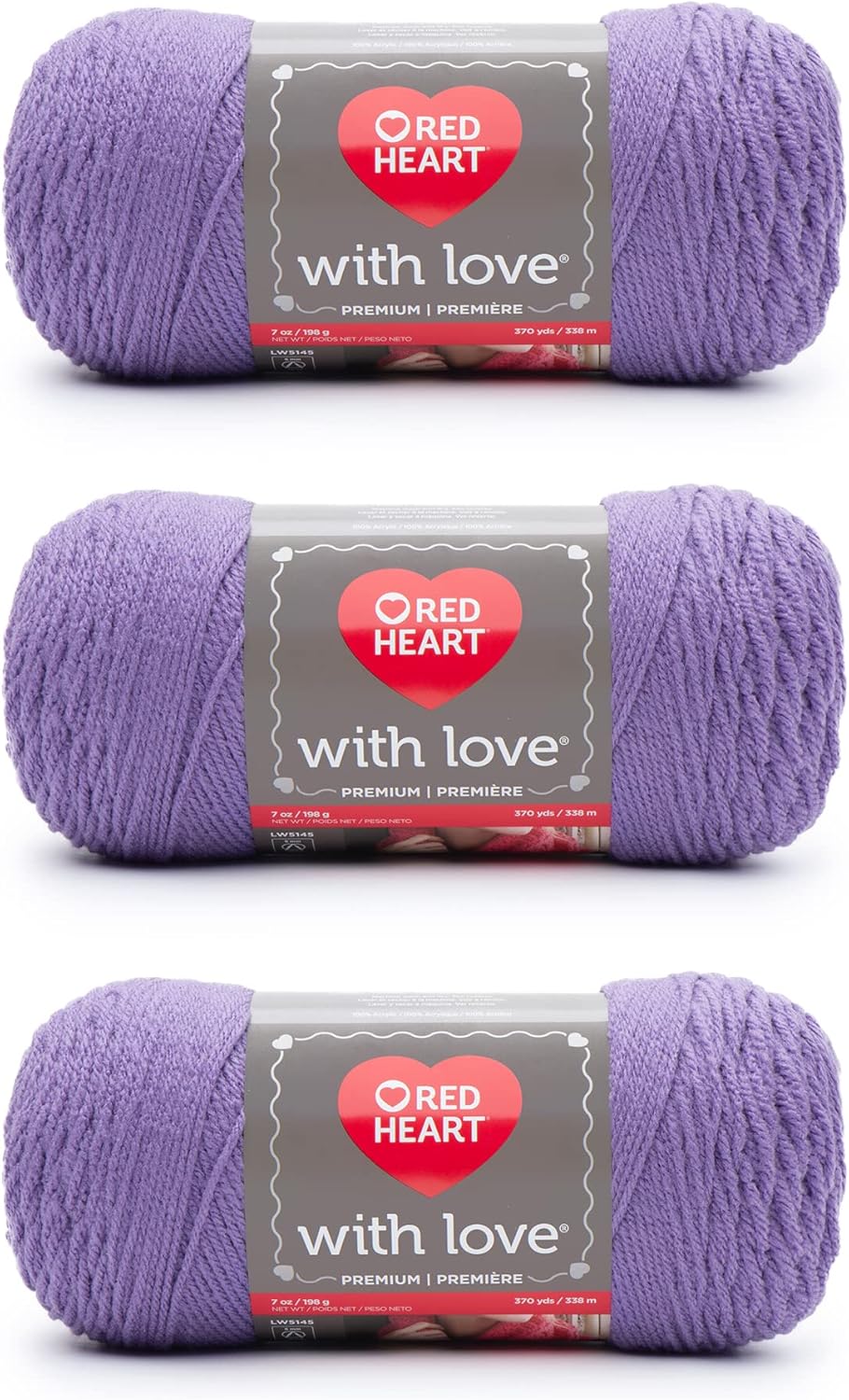 Red Heart with Love – Hilo lila  Paquete de 3 unidades de 6.98 oz7 onzas  Acrílico  4 medianos (peinado)  370 yardas  Tejidoganchillo
