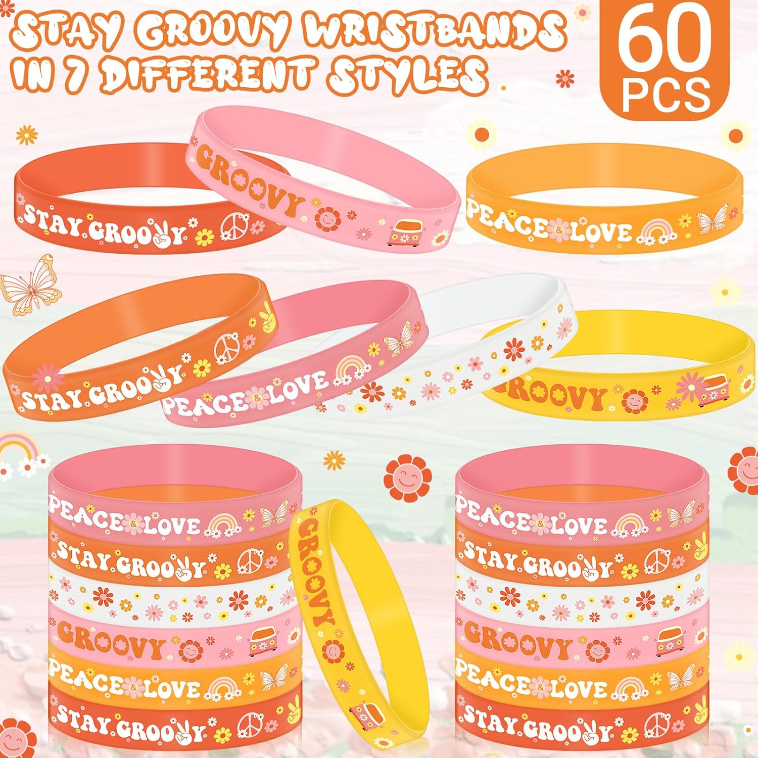 Hippie Boho Silicone Bracelets Stay Groovy Wristbands Retro Hippie Rainbow Bracelets Daisy Flower Peace Sign Wristbands for Girl Kid Boho Two Groovy
