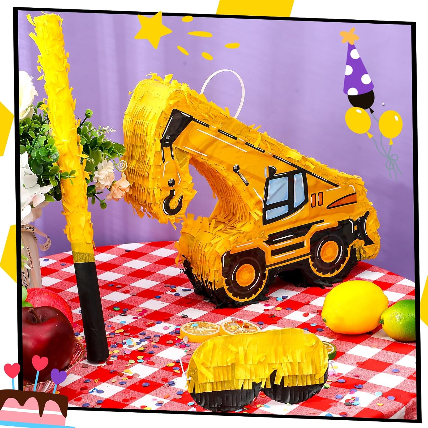 Paquete de piñata para camión de construcción, piñata, excavadora, con palo, confeti, piñata de construcción, piñata grande de cumpleaños para