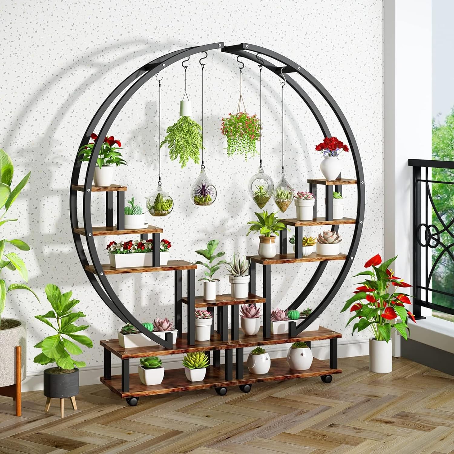 Soporte redondo para plantas, estante de exhibición de 5 niveles para interiores y exteriores con ruedas desmontables, soporte para plantas de
