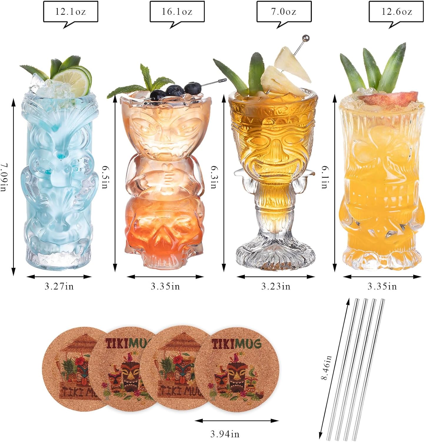 Juego de 4 vasos Tiki transparentes, vasos de cóctel exóticos tropicales con pajitas y posavasos, tazas Tiki estilo hawaiano para Mai Tai, Zombie y