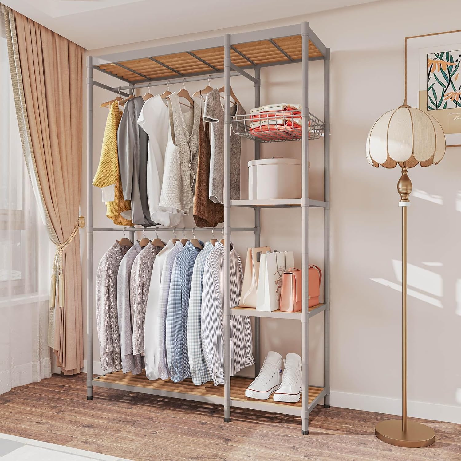 Perchero resistente para ropa de 800 libras de capacidad, perchero de metal independiente con estantes, estantes de ropa comercial para colgar ropa,