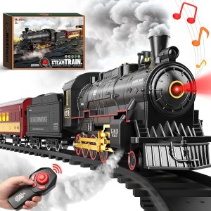 Hot Bee Juego de tren para niños, juegos de trenes de Navidad con control remoto con locomotora de vapor, autos ligeros de pasajeros y pistas, Hot Bee Juego de tren para niños, juegos de trenes de Navidad con control remoto con locomotora de vapor, autos ligeros de pasajeros y pistas,