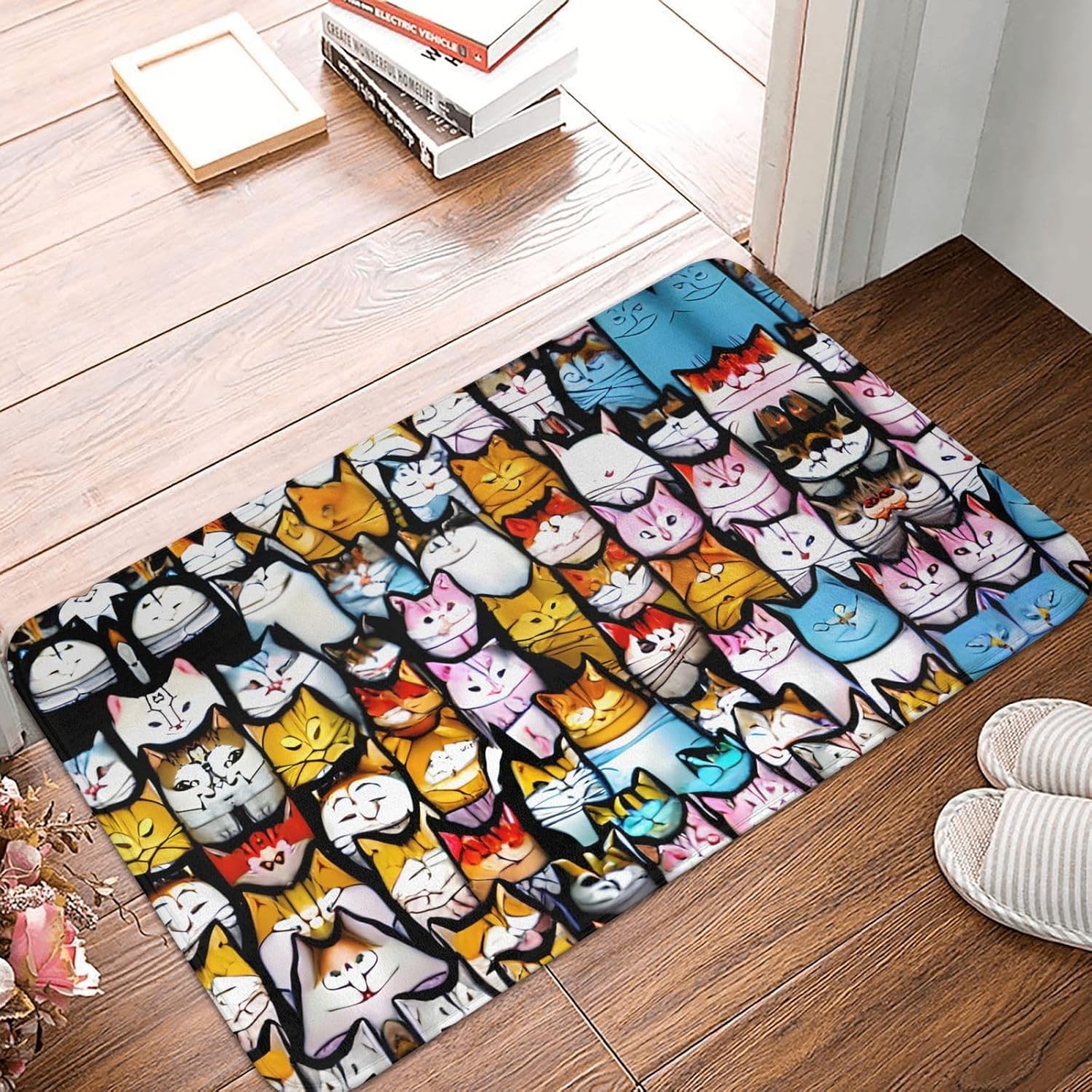Felpudo de puerta con diseño de gatos de dibujos animados, para exteriores, para el piso de entrada del hogar, fácil de limpiar, felpudos de patio,