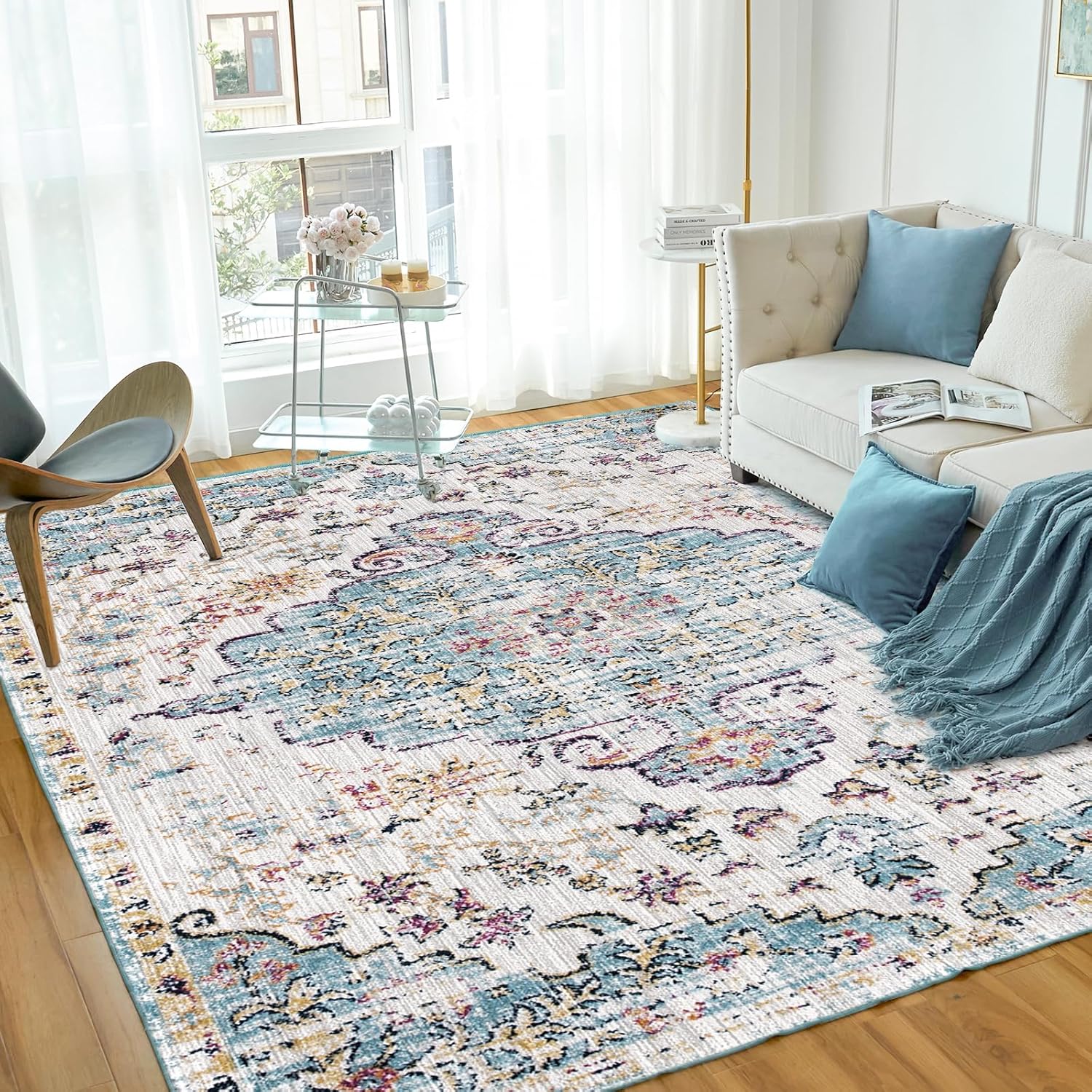 VK VKLIVING Alfombra lavable a máquina de 5 x 7 pies, diseño vintage, lavable con alfombras antideslizantes para sala de estar y dormitorio,