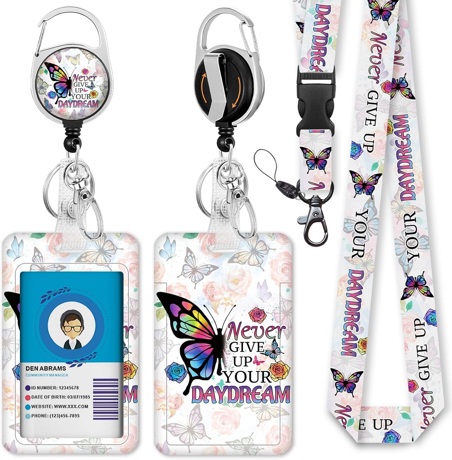 Cordones de flores de mariposa para insignias de identificación, bonito soporte para tarjetas de identificación con cordón retráctil, soporte de
