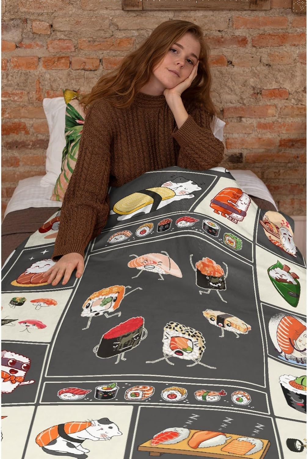Linda manta de sushi japonés, ligera, súper suave y acogedora, cálida y ligera, manta de franela suave de 50 x 40 pulgadas, pequeña para cama