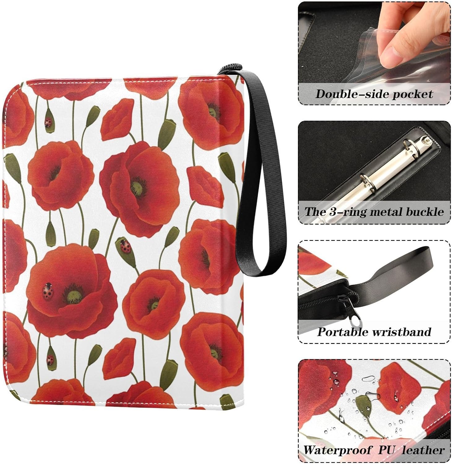 Carpeta para tarjetas coleccionables de flores de amapola roja, 4 bolsillos con 50 fundas extraíbles, carpeta de álbumes de tarjetas de 3 anillas,