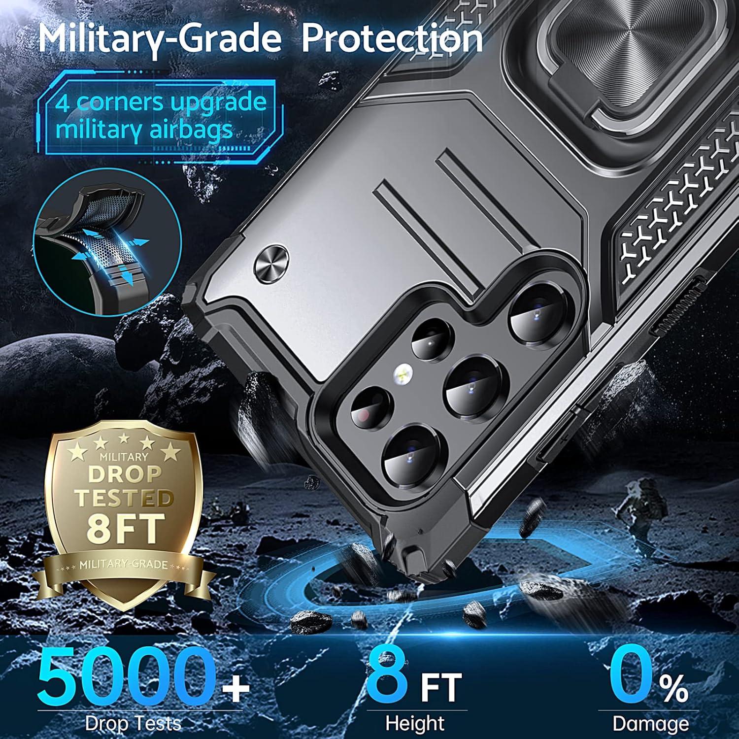 Anqrp Funda para Galaxy S22 Ultra, funda protectora de grado militar con anillo de metal giratorio soporte magnético compatible con Samsung Galaxy