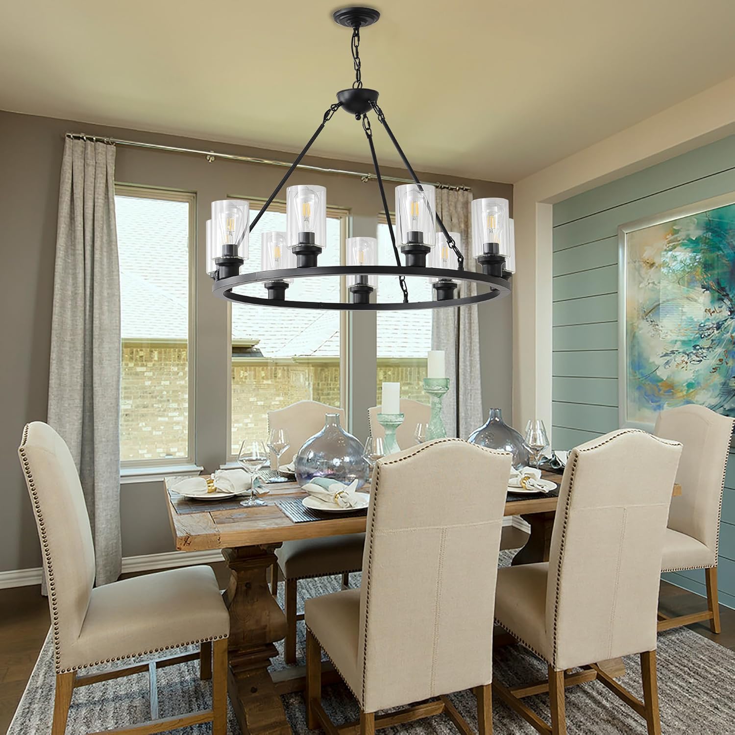 Candelabro grande negro de 32 pulgadas con ruedas de carro, moderna lámpara colgante de cristal de granja, 12 luces, accesorios de iluminación para