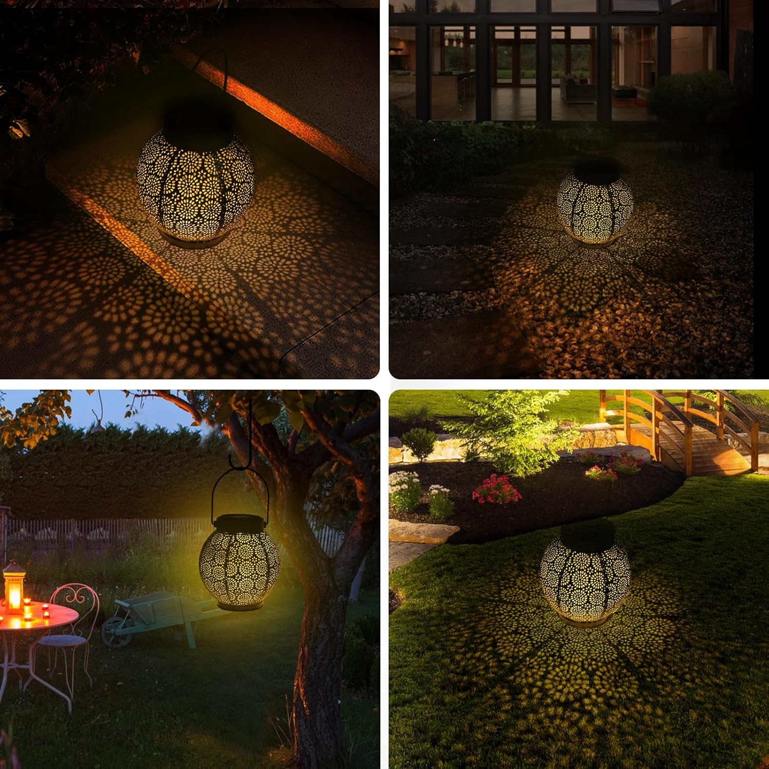 CINOTON Linterna solar colgante al aire libre IP54 impermeable luz decorativa de Navidad, linterna colgante de metal exterior para césped, mesa,