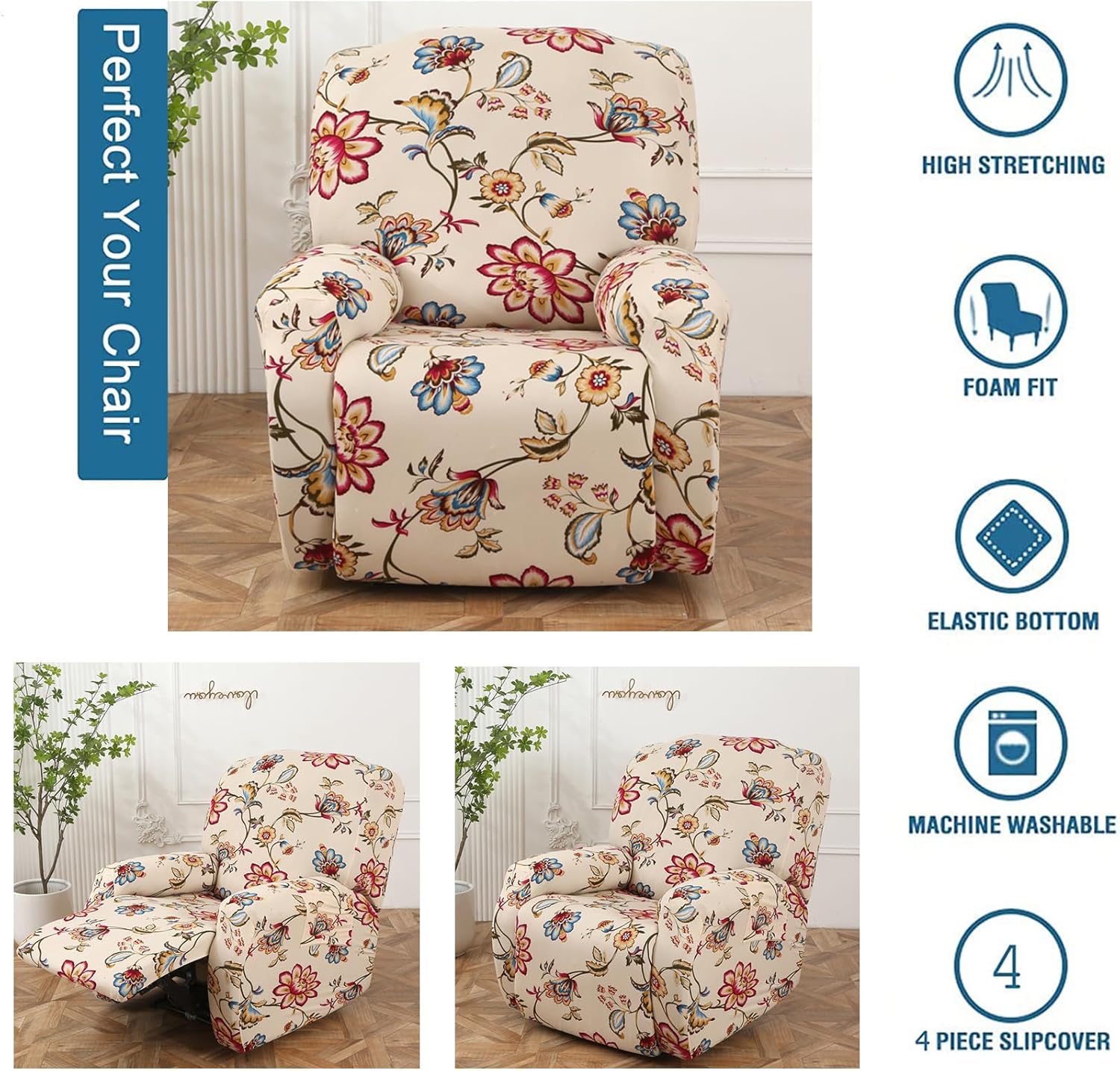 FUANGUI Fundas reclinables estampadas con bolsillo lateral, funda para sofá de 4 piezas, fundas elásticas para sofá reclinable de 1 asiento, fundas