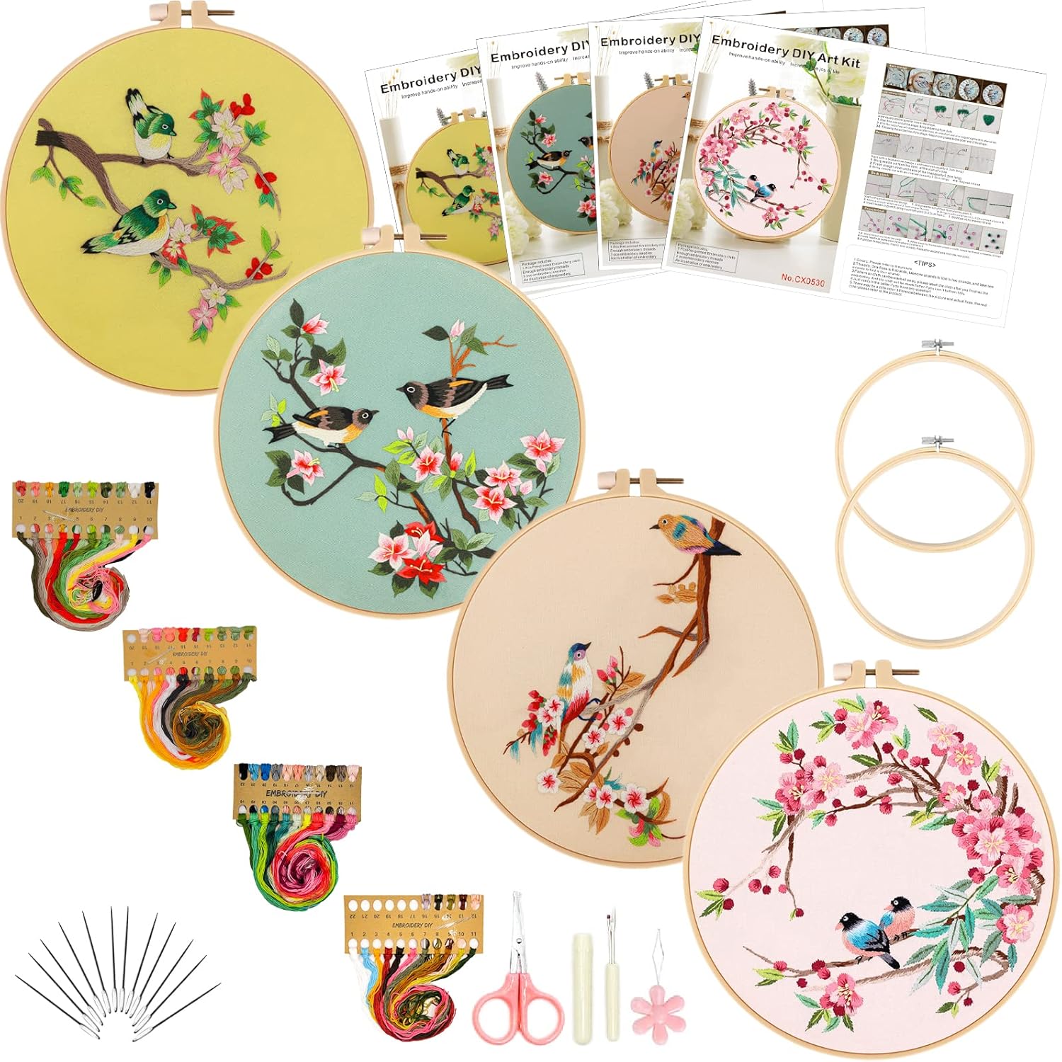 Picoey Kit de bordado de pájaros para principiantes con patrón e instrucciones, paquete de 4 kits de punto de cruz, 2 aros de bordado de madera,