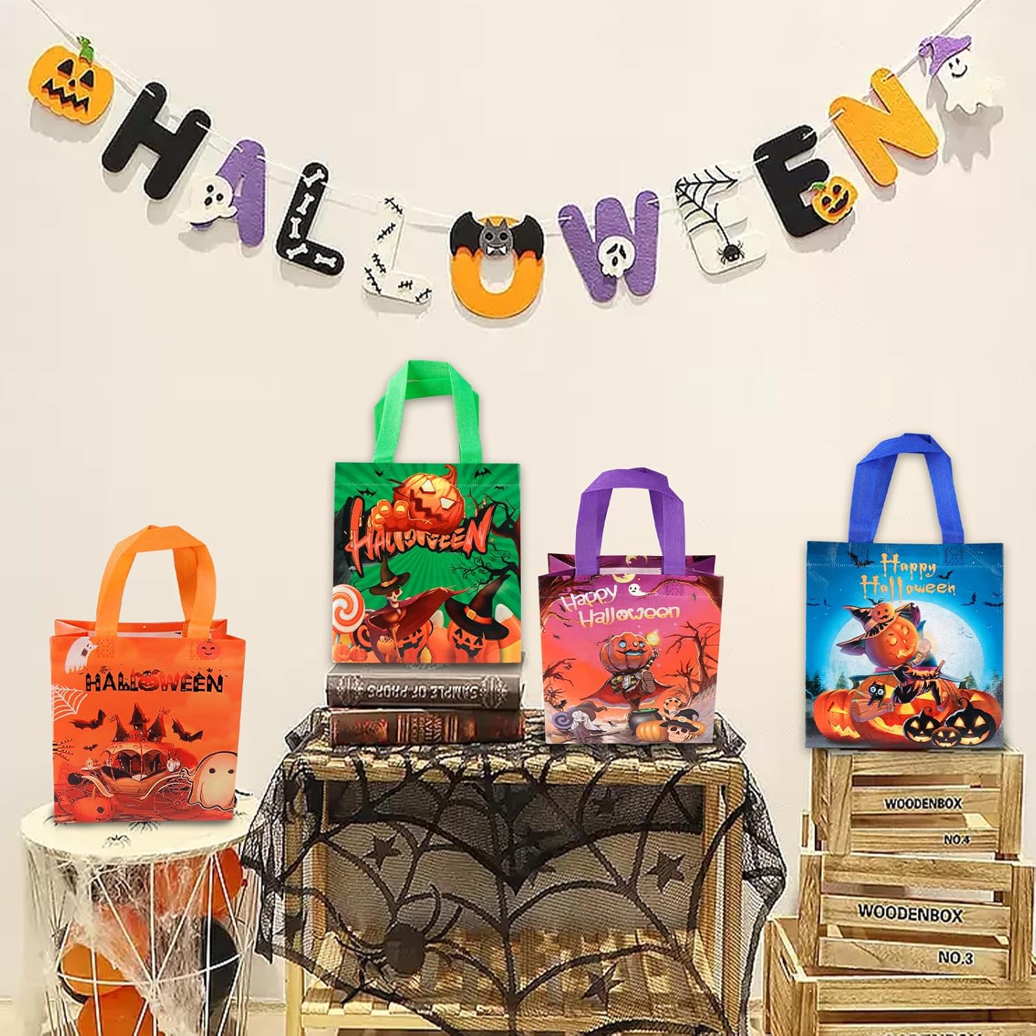 Bolsas de Halloween para dulce o truco, 4 bolsas pequeñas de Halloween con asas, bolsas multifuncionales no tejidas para envolver regalos, dulce o